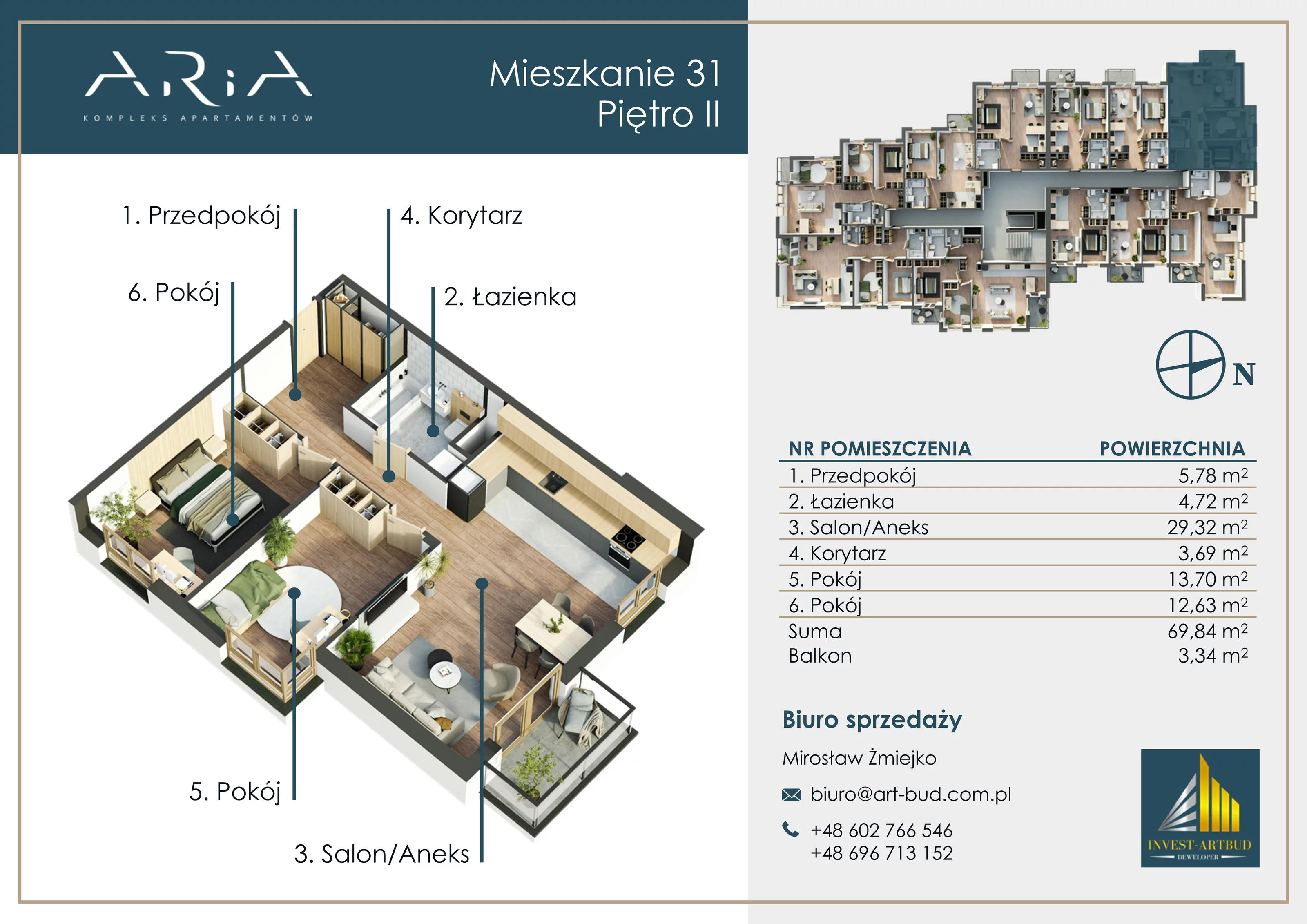 3 pokoje, mieszkanie 69,84 m², piętro 2, oferta nr M31, Apartamenty Aria, Sosnowiec, Pogoń, ul. Szpaków 6a