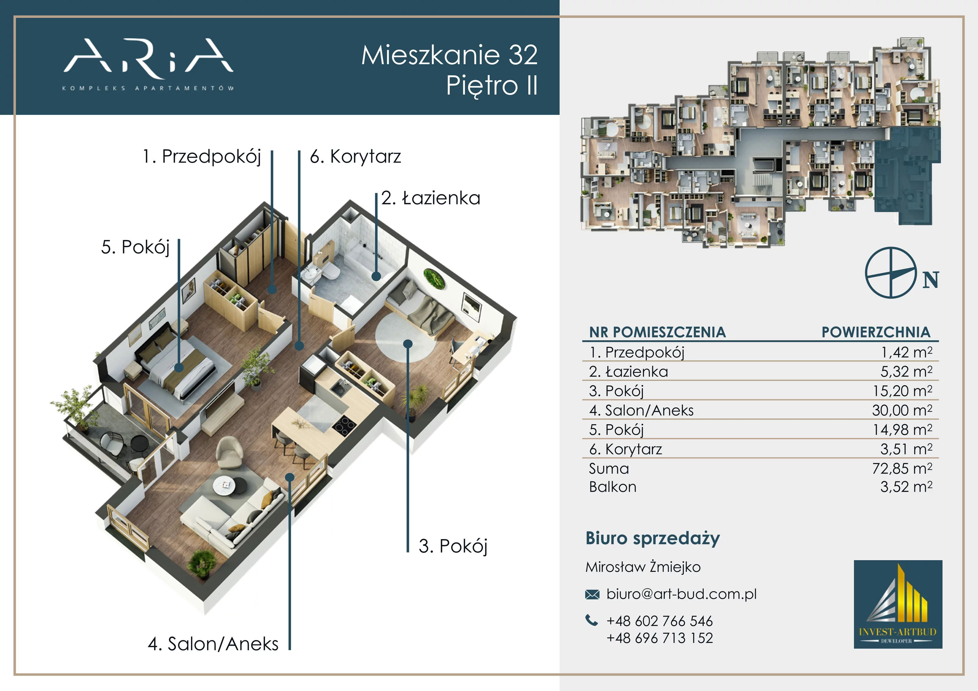 3 pokoje, mieszkanie 72,85 m², piętro 2, oferta nr M32, Apartamenty Aria, Sosnowiec, Pogoń, ul. Szpaków 6a