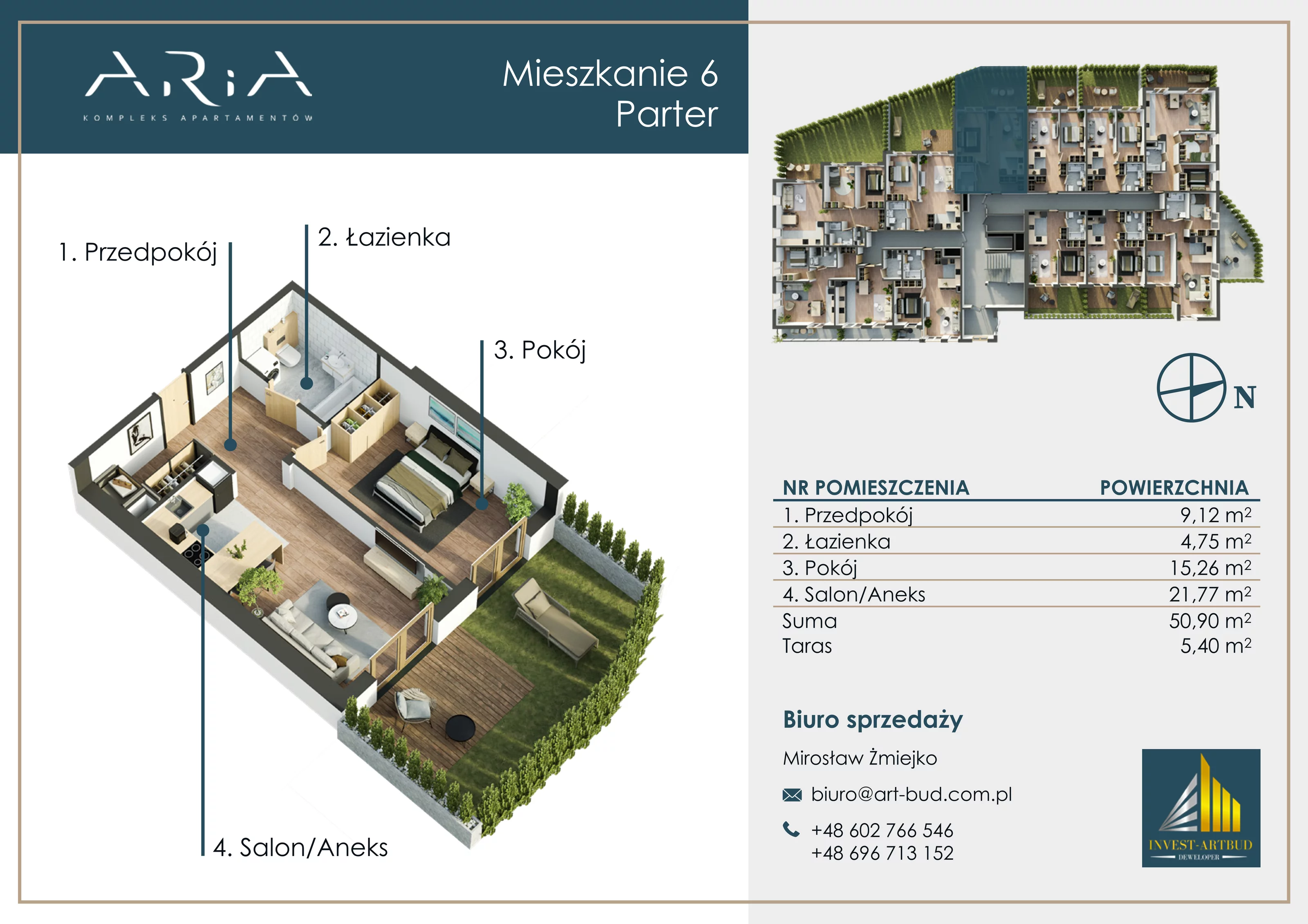 2 pokoje, mieszkanie 50,90 m², parter, oferta nr M6, Apartamenty Aria, Sosnowiec, Pogoń, ul. Szpaków 6a