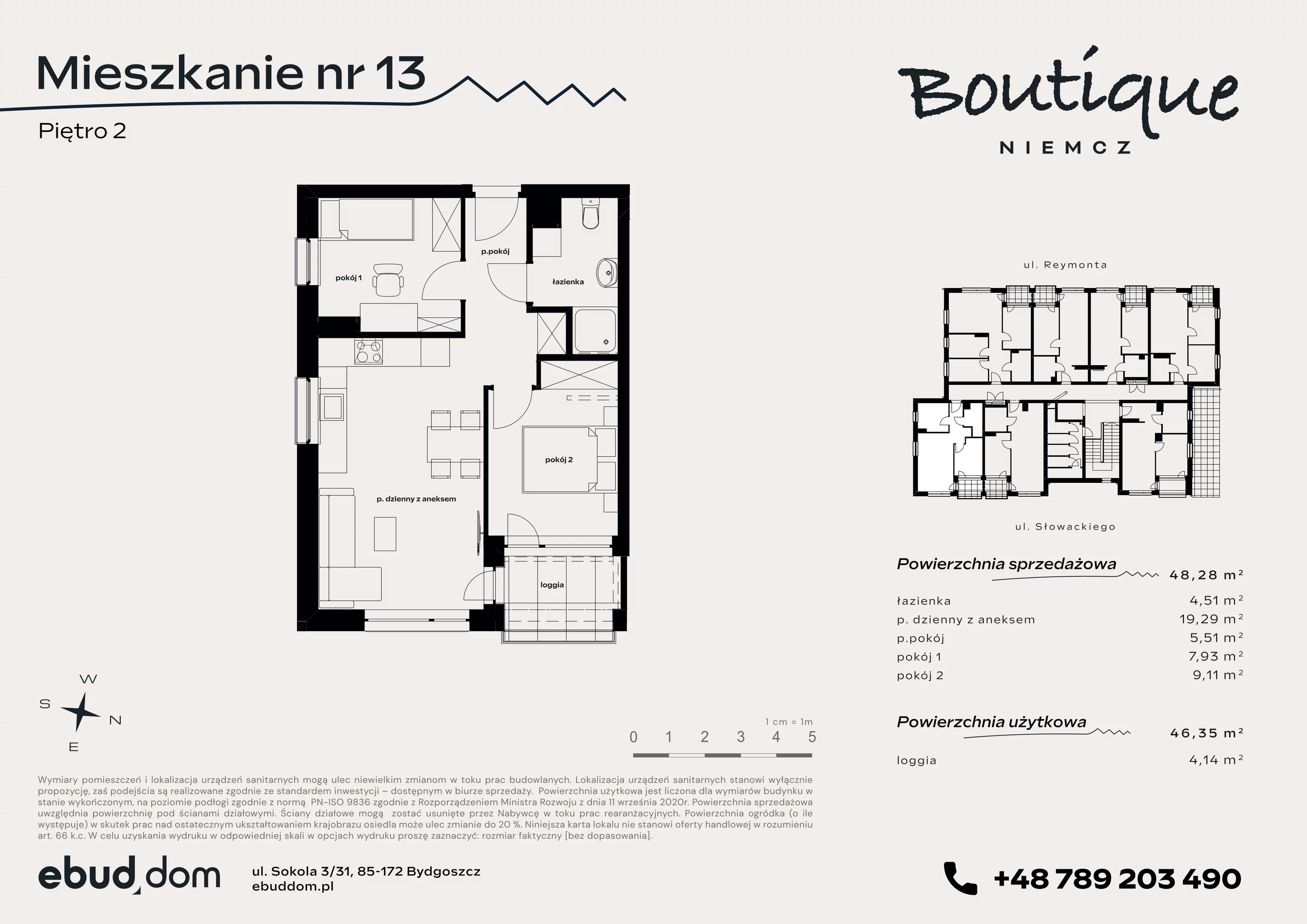 3 pokoje, mieszkanie 48,28 m², piętro 2, oferta nr 13, Boutique, Niemcz, ul. Władysława Reymonta