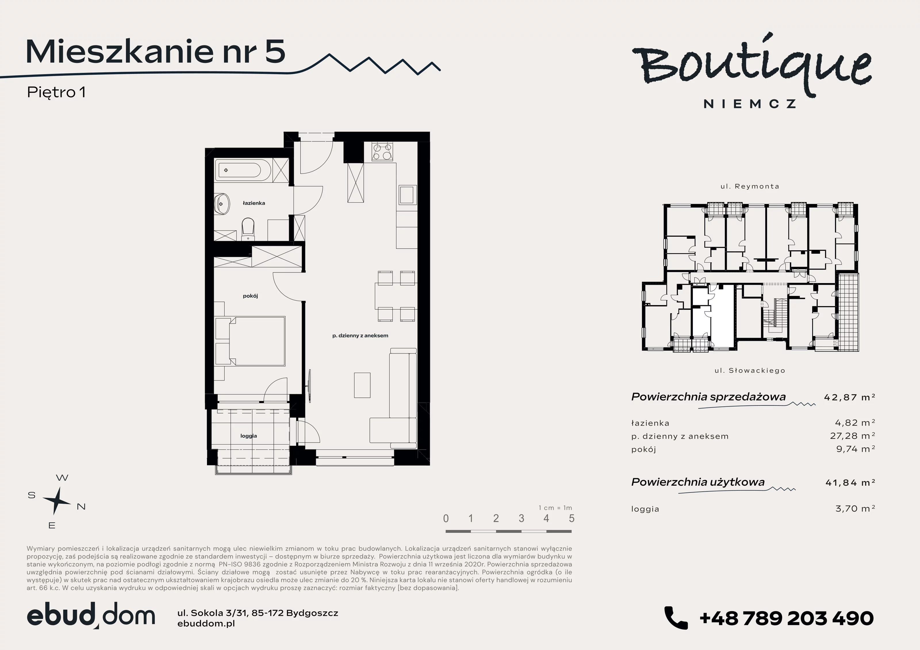 2 pokoje, mieszkanie 42,87 m², piętro 1, oferta nr 5, Boutique, Niemcz, ul. Władysława Reymonta