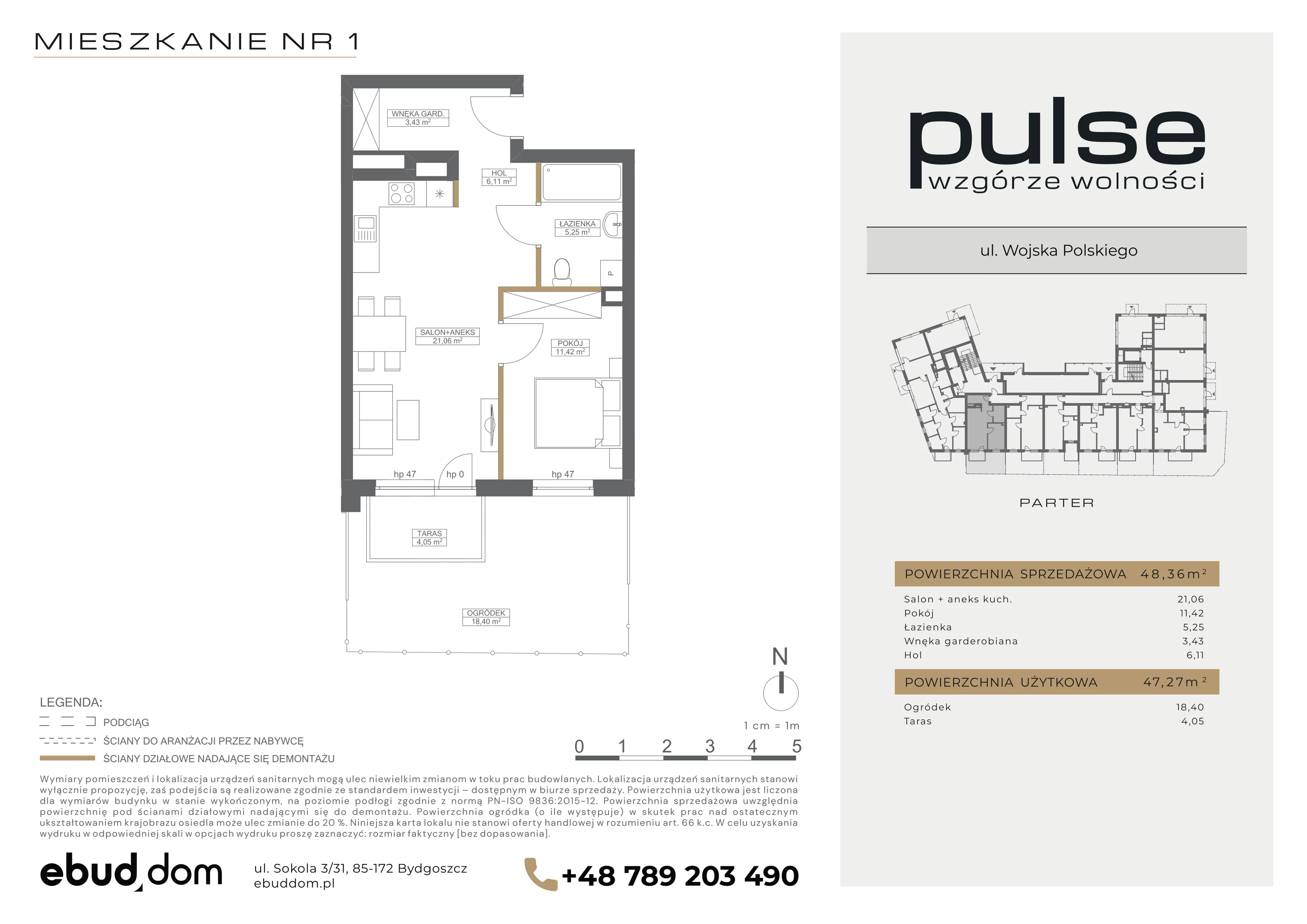 2 pokoje, mieszkanie 48,36 m², parter, oferta nr 1, Pulse, Bydgoszcz, Wzgórze Wolności, ul. Wojska Polskiego