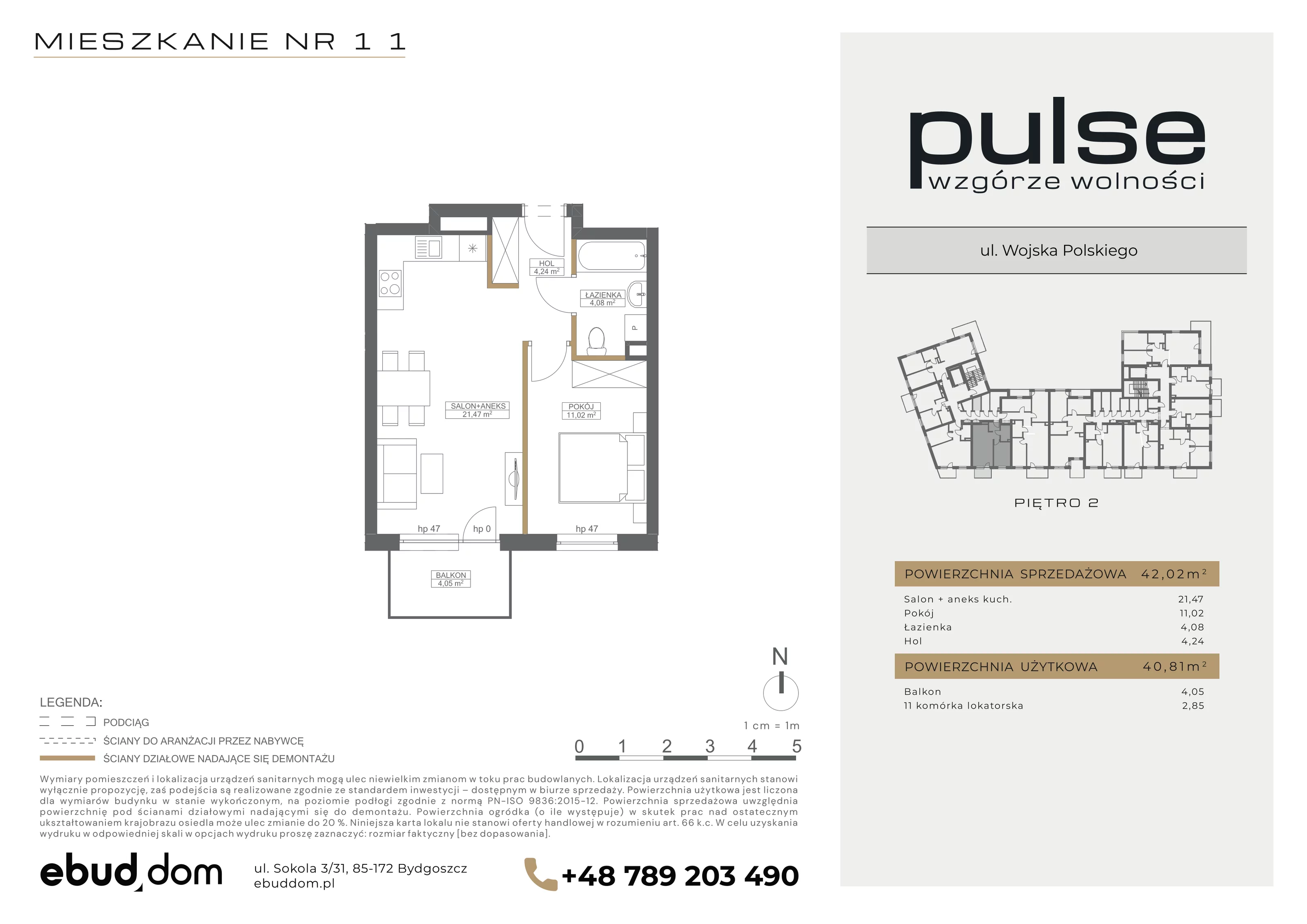 2 pokoje, mieszkanie 42,02 m², piętro 2, oferta nr 11, Pulse, Bydgoszcz, Wzgórze Wolności, ul. Wojska Polskiego