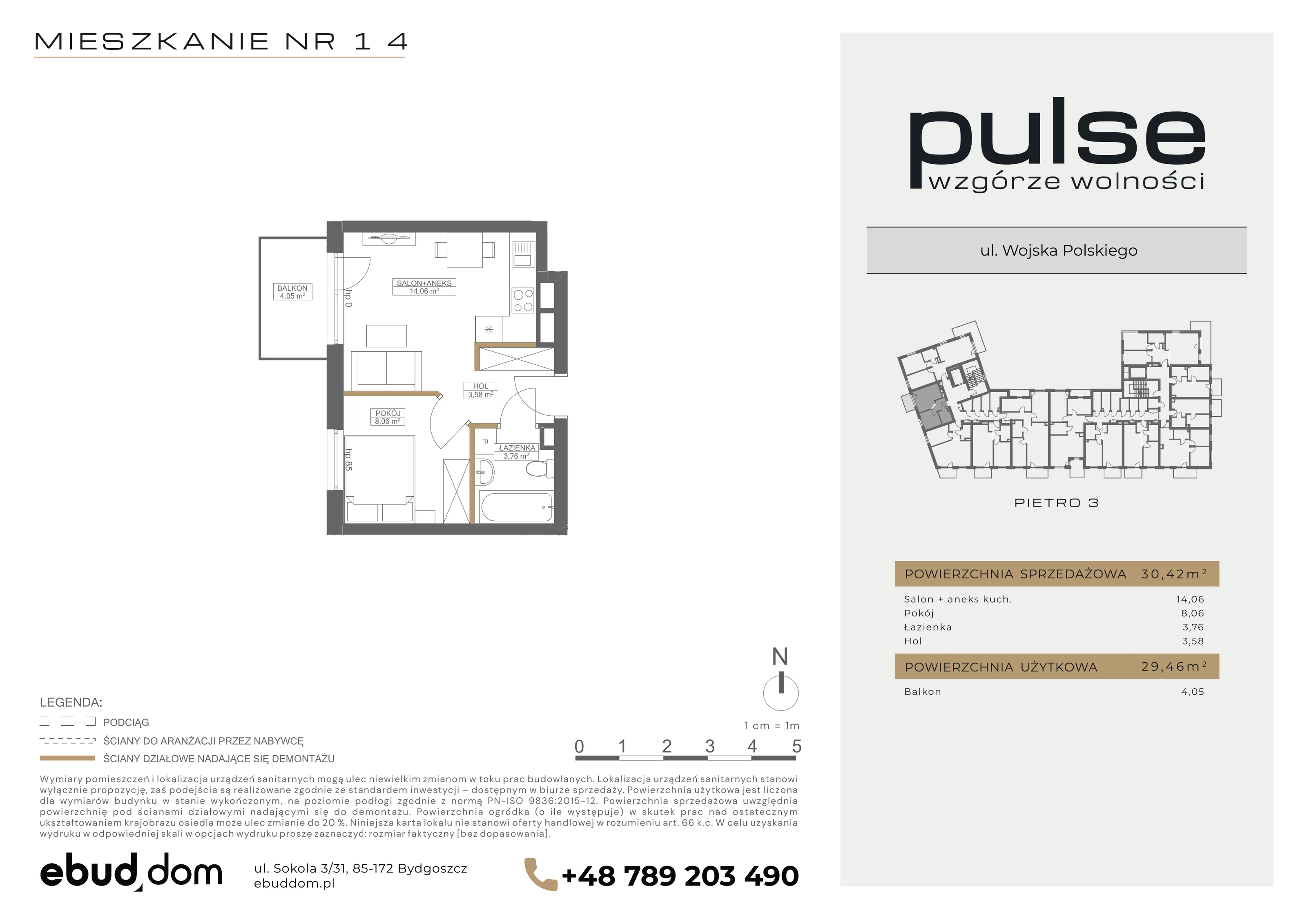 2 pokoje, mieszkanie 30,42 m², piętro 3, oferta nr 14, Pulse, Bydgoszcz, Wzgórze Wolności, ul. Wojska Polskiego