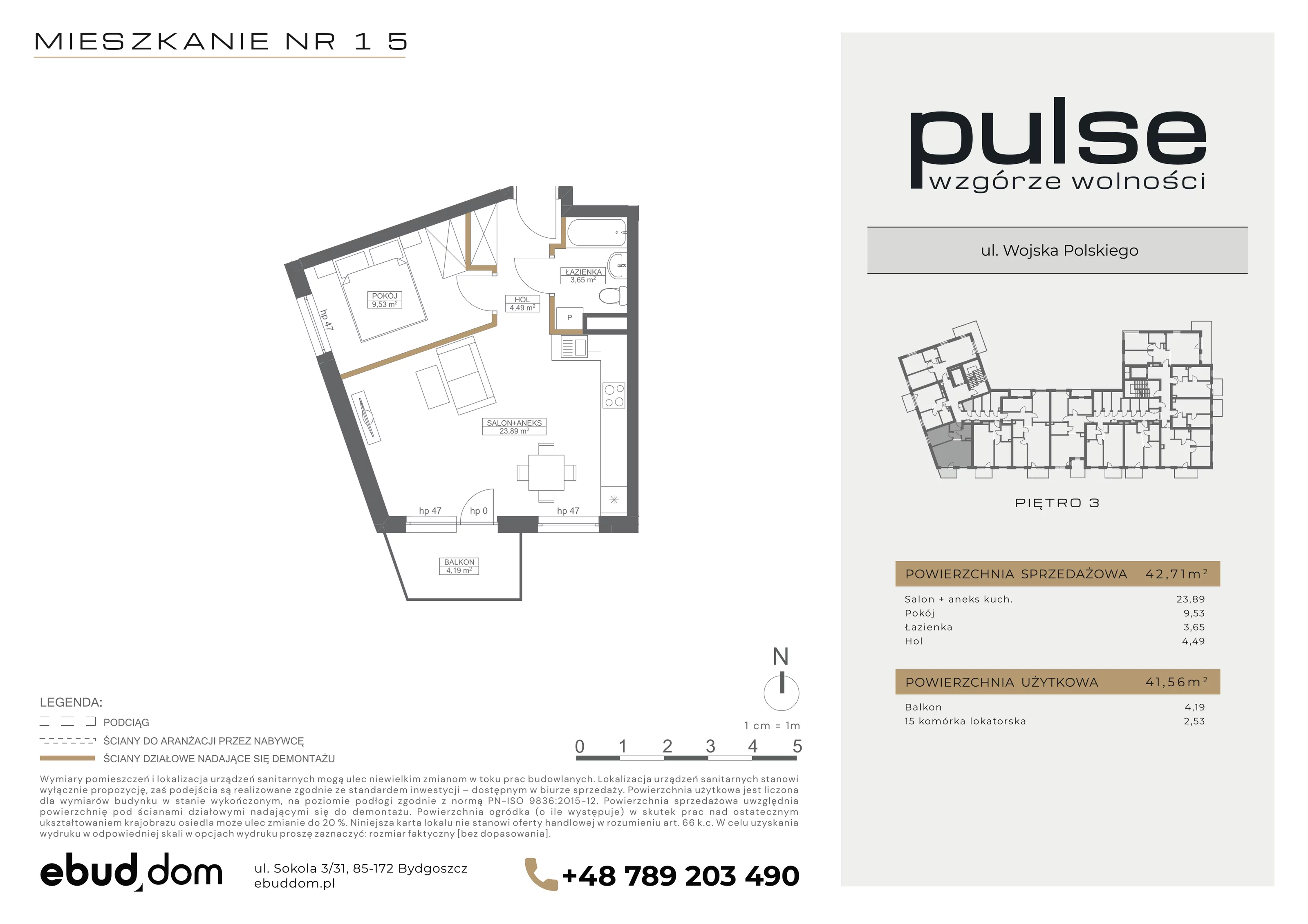 2 pokoje, mieszkanie 42,71 m², piętro 3, oferta nr 15, Pulse, Bydgoszcz, Wzgórze Wolności, ul. Wojska Polskiego