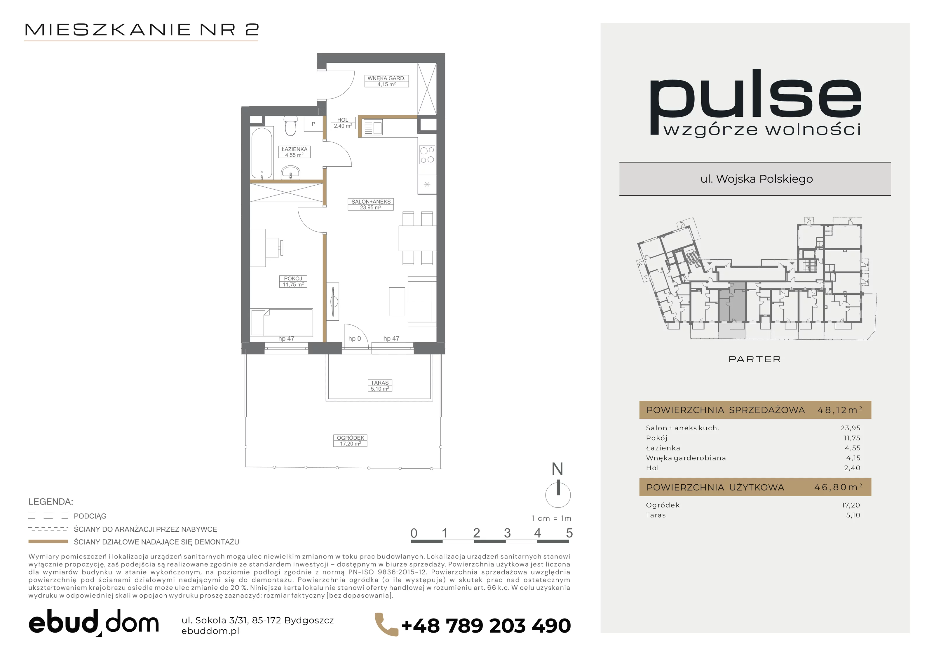 2 pokoje, mieszkanie 48,12 m², parter, oferta nr 2, Pulse, Bydgoszcz, Wzgórze Wolności, ul. Wojska Polskiego