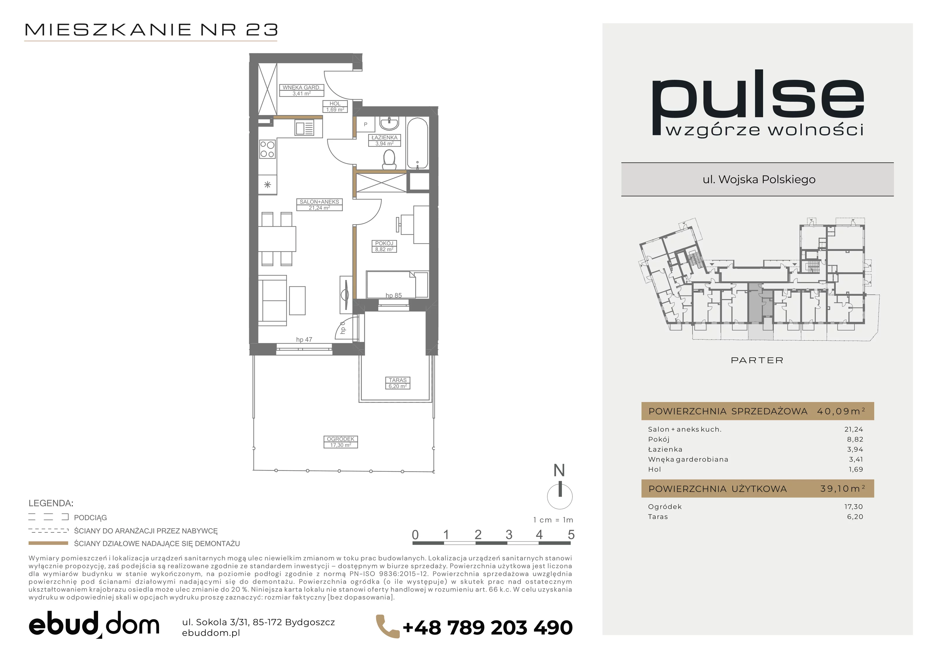 2 pokoje, mieszkanie 40,09 m², parter, oferta nr 23, Pulse, Bydgoszcz, Wzgórze Wolności, ul. Wojska Polskiego