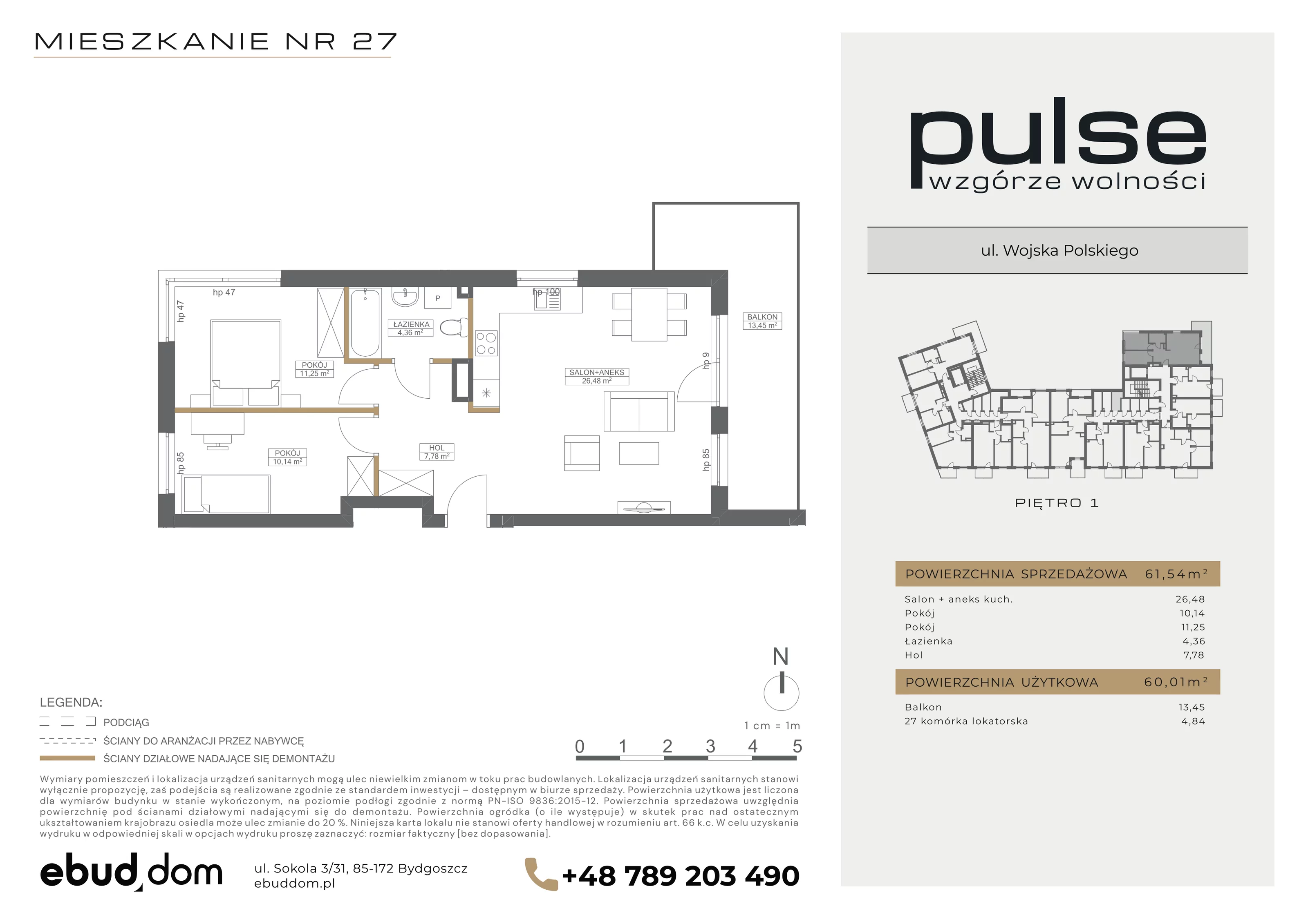 3 pokoje, mieszkanie 61,54 m², piętro 1, oferta nr 27, Pulse, Bydgoszcz, Wzgórze Wolności, ul. Wojska Polskiego