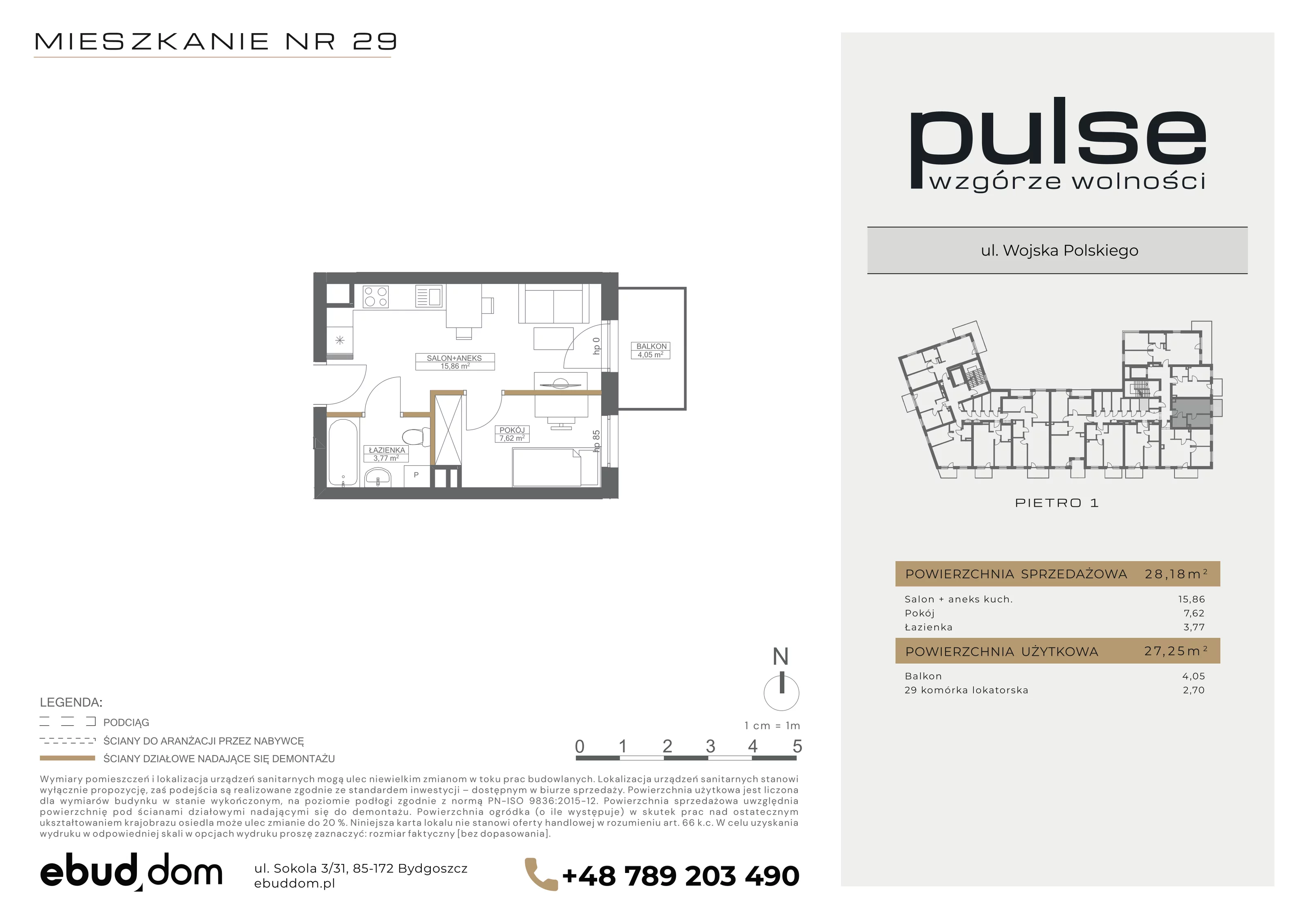 2 pokoje, mieszkanie 28,18 m², piętro 1, oferta nr 29, Pulse, Bydgoszcz, Wzgórze Wolności, ul. Wojska Polskiego