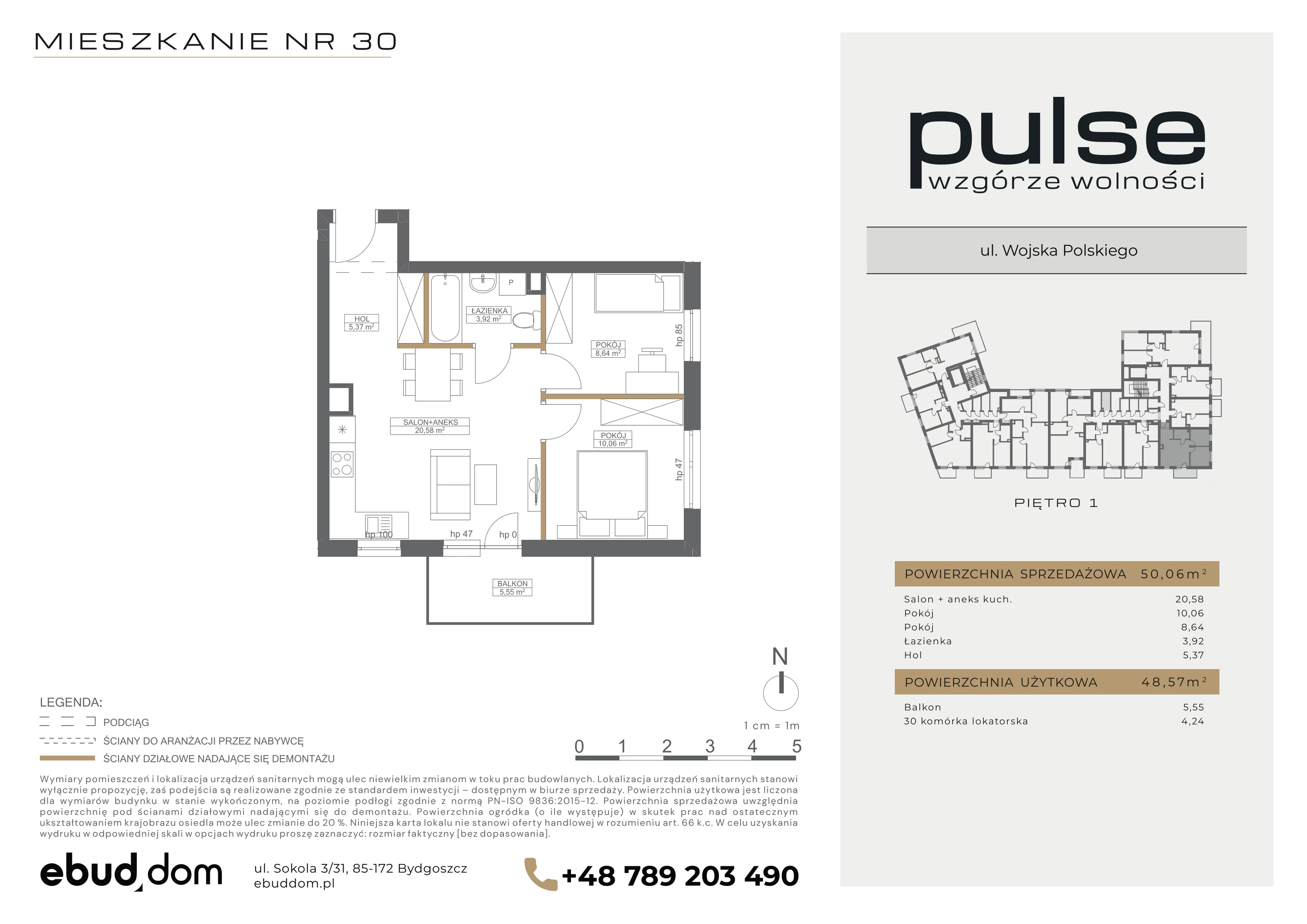 3 pokoje, mieszkanie 50,06 m², piętro 1, oferta nr 30, Pulse, Bydgoszcz, Wzgórze Wolności, ul. Wojska Polskiego