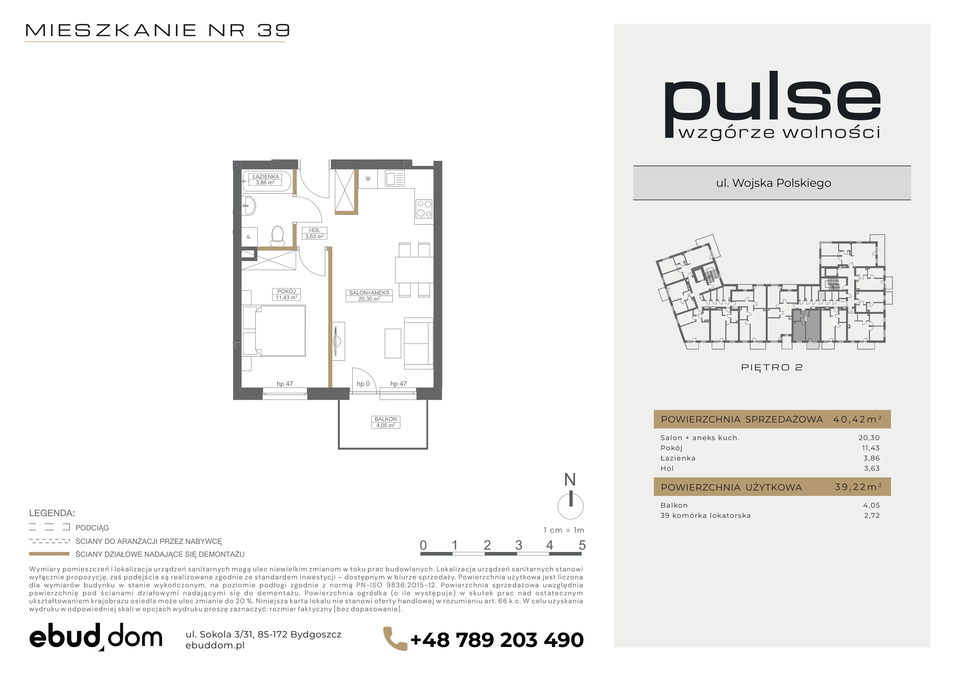 2 pokoje, mieszkanie 40,42 m², piętro 2, oferta nr 39, Pulse, Bydgoszcz, Wzgórze Wolności, ul. Wojska Polskiego