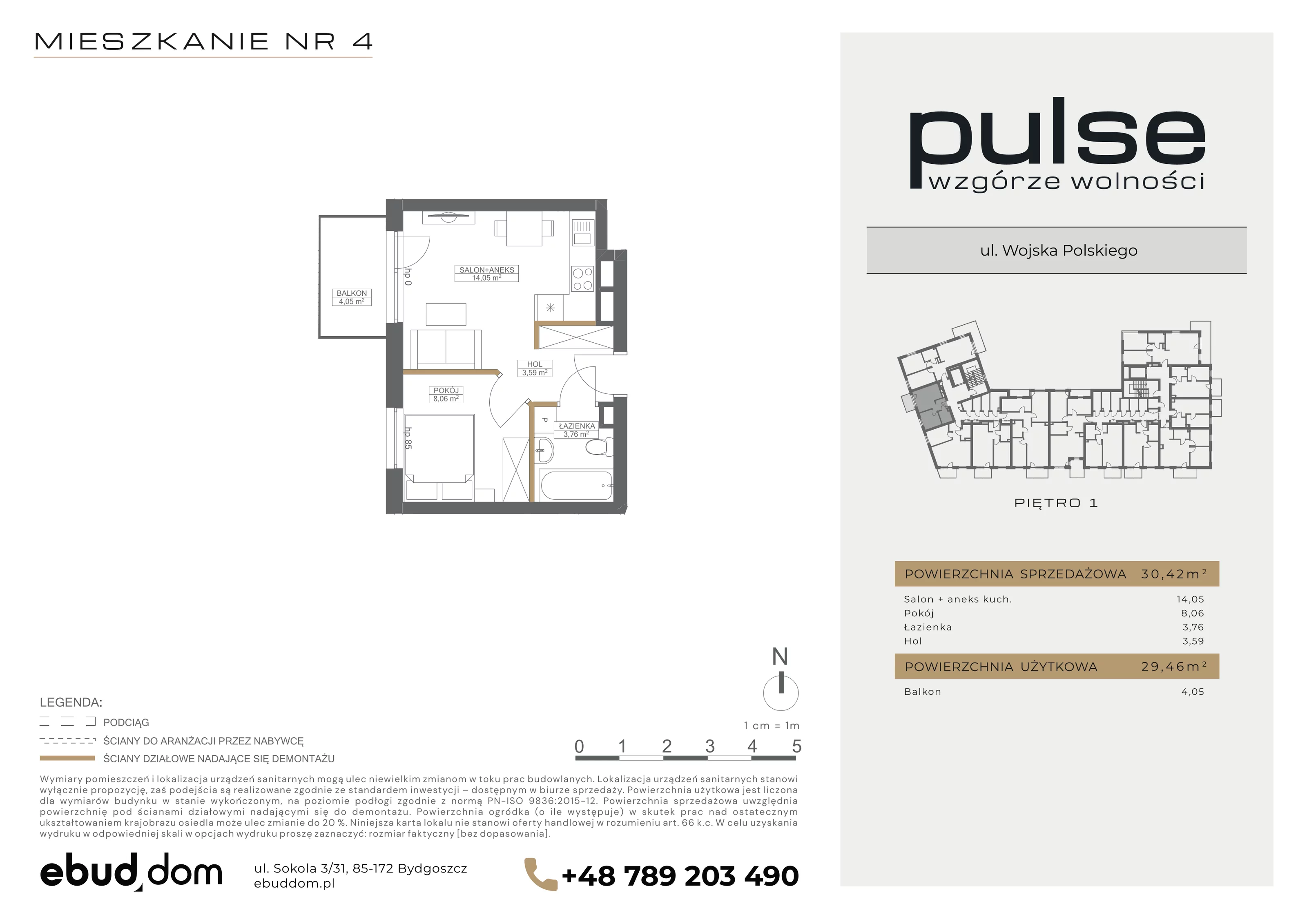 2 pokoje, mieszkanie 30,42 m², piętro 1, oferta nr 4, Pulse, Bydgoszcz, Wzgórze Wolności, ul. Wojska Polskiego