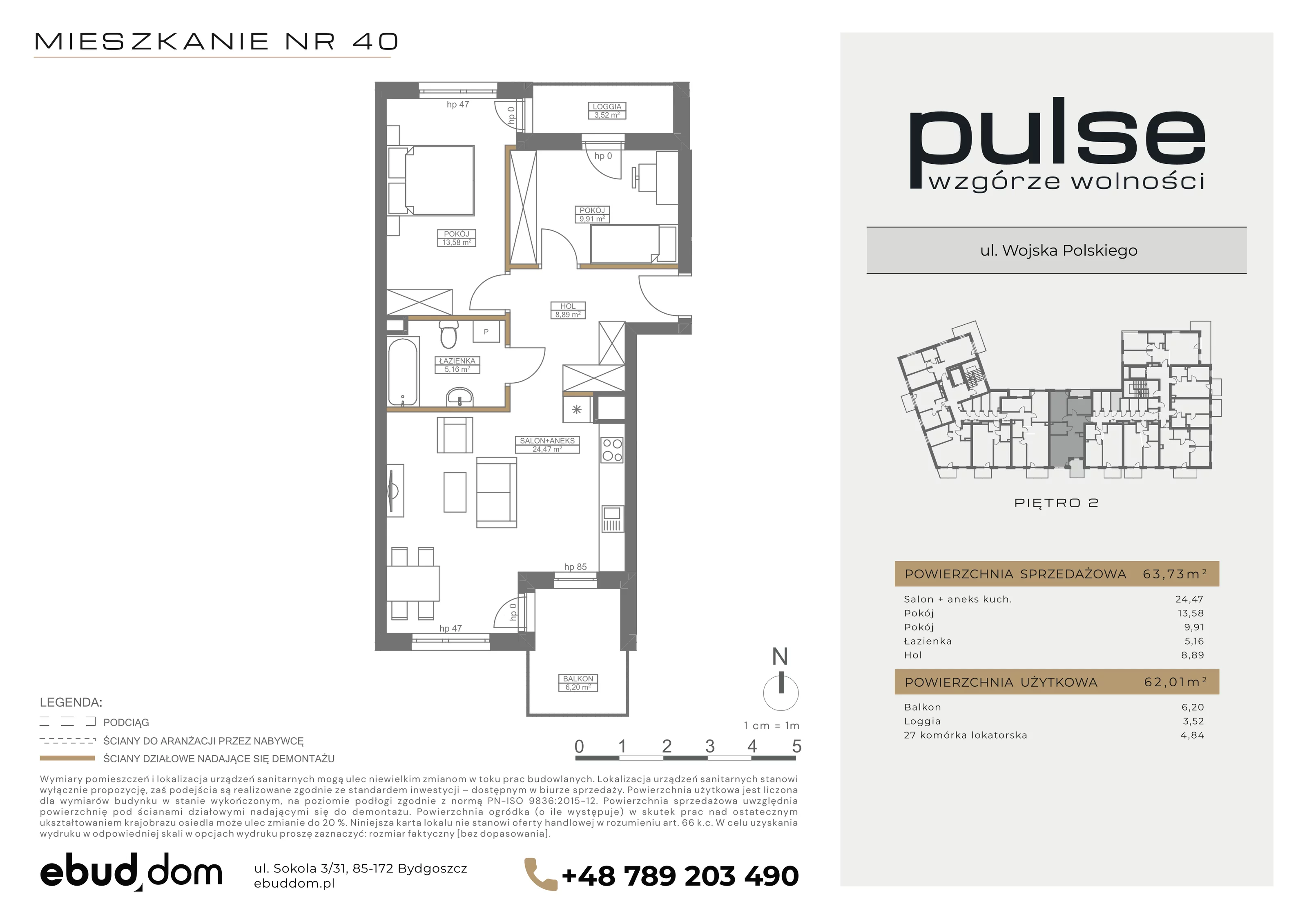 3 pokoje, mieszkanie 63,73 m², piętro 2, oferta nr 40, Pulse, Bydgoszcz, Wzgórze Wolności, ul. Wojska Polskiego