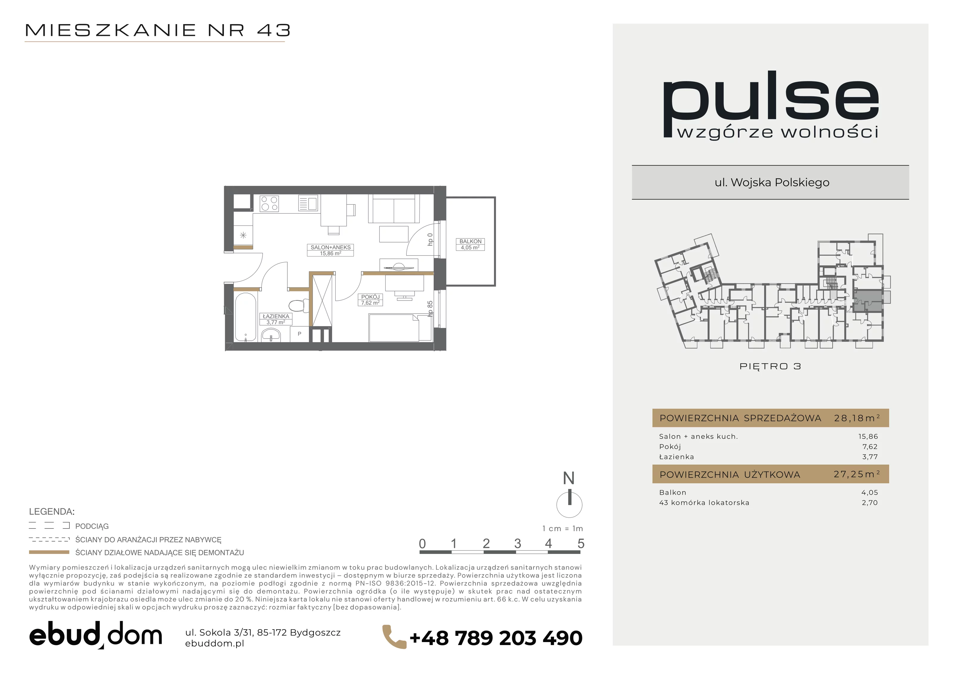 2 pokoje, mieszkanie 28,18 m², piętro 3, oferta nr 43, Pulse, Bydgoszcz, Wzgórze Wolności, ul. Wojska Polskiego