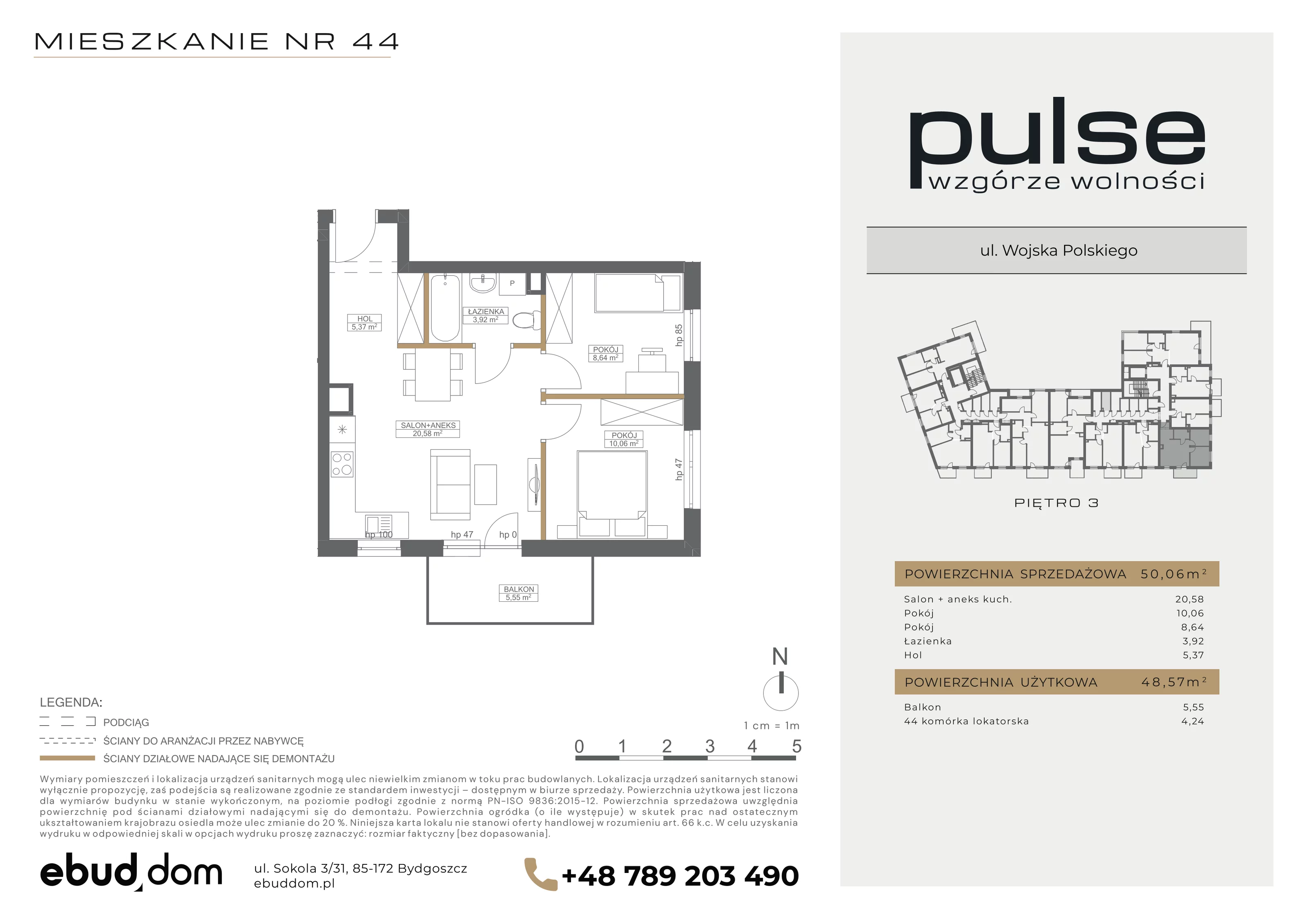3 pokoje, mieszkanie 50,06 m², piętro 3, oferta nr 44, Pulse, Bydgoszcz, Wzgórze Wolności, ul. Wojska Polskiego
