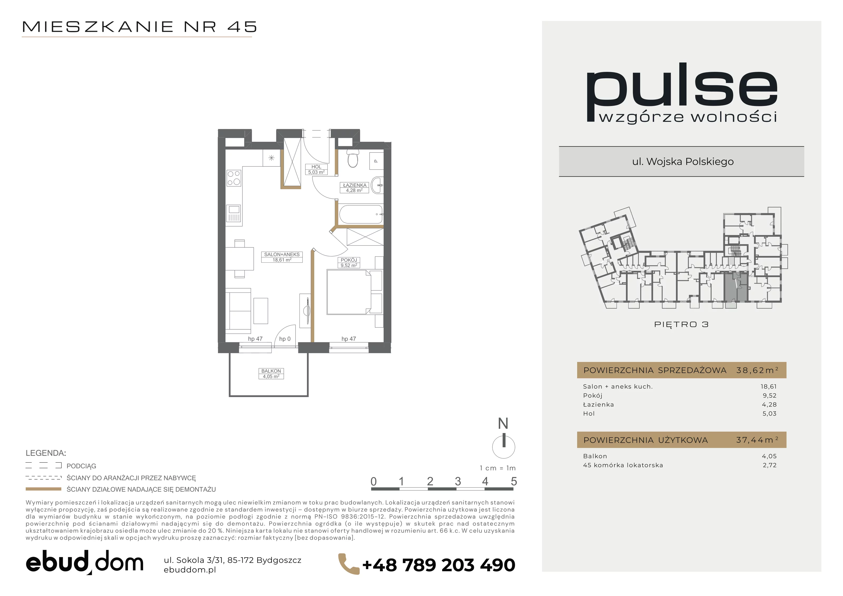 2 pokoje, mieszkanie 38,62 m², piętro 3, oferta nr 45, Pulse, Bydgoszcz, Wzgórze Wolności, ul. Wojska Polskiego