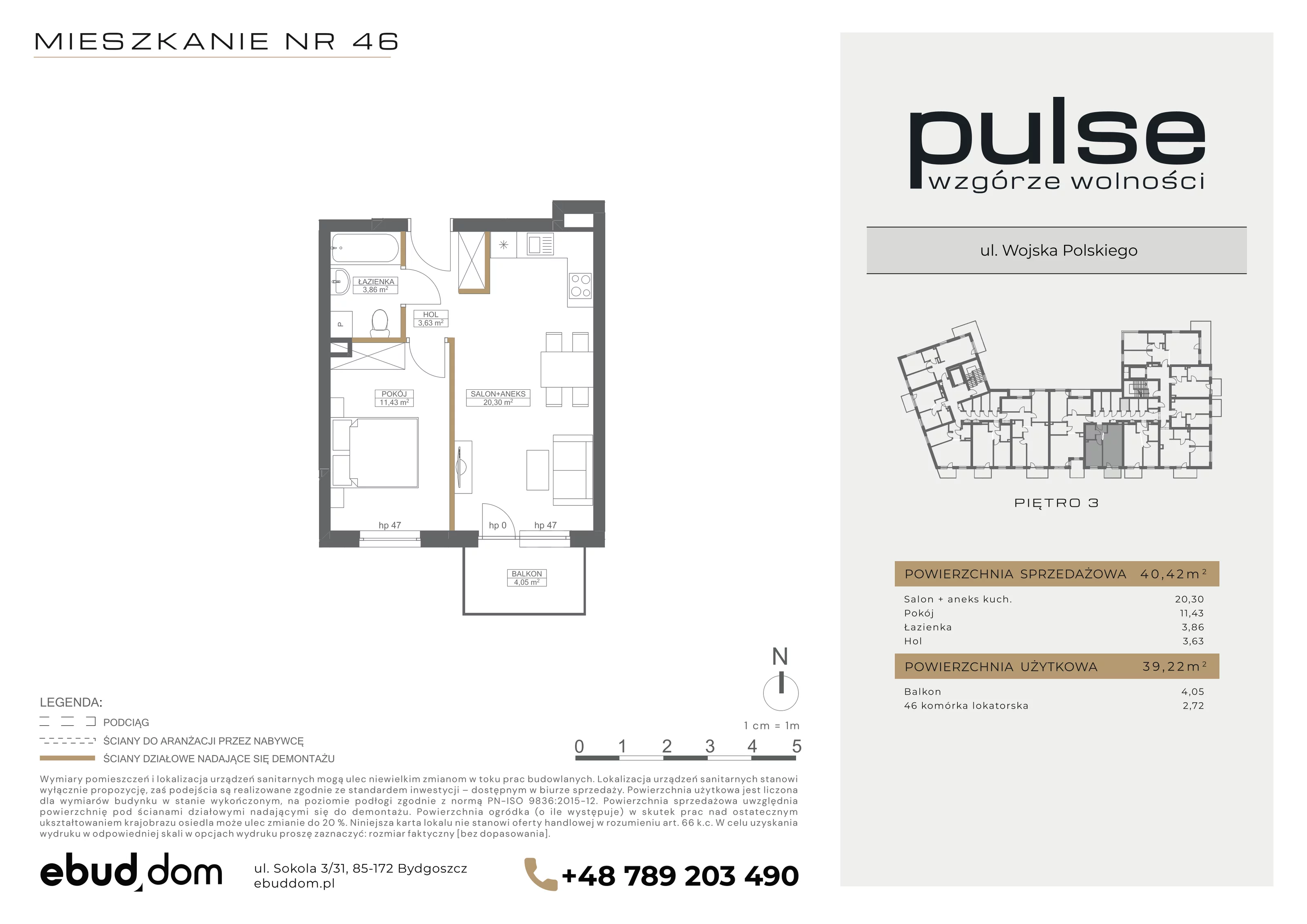 2 pokoje, mieszkanie 40,42 m², piętro 3, oferta nr 46, Pulse, Bydgoszcz, Wzgórze Wolności, ul. Wojska Polskiego