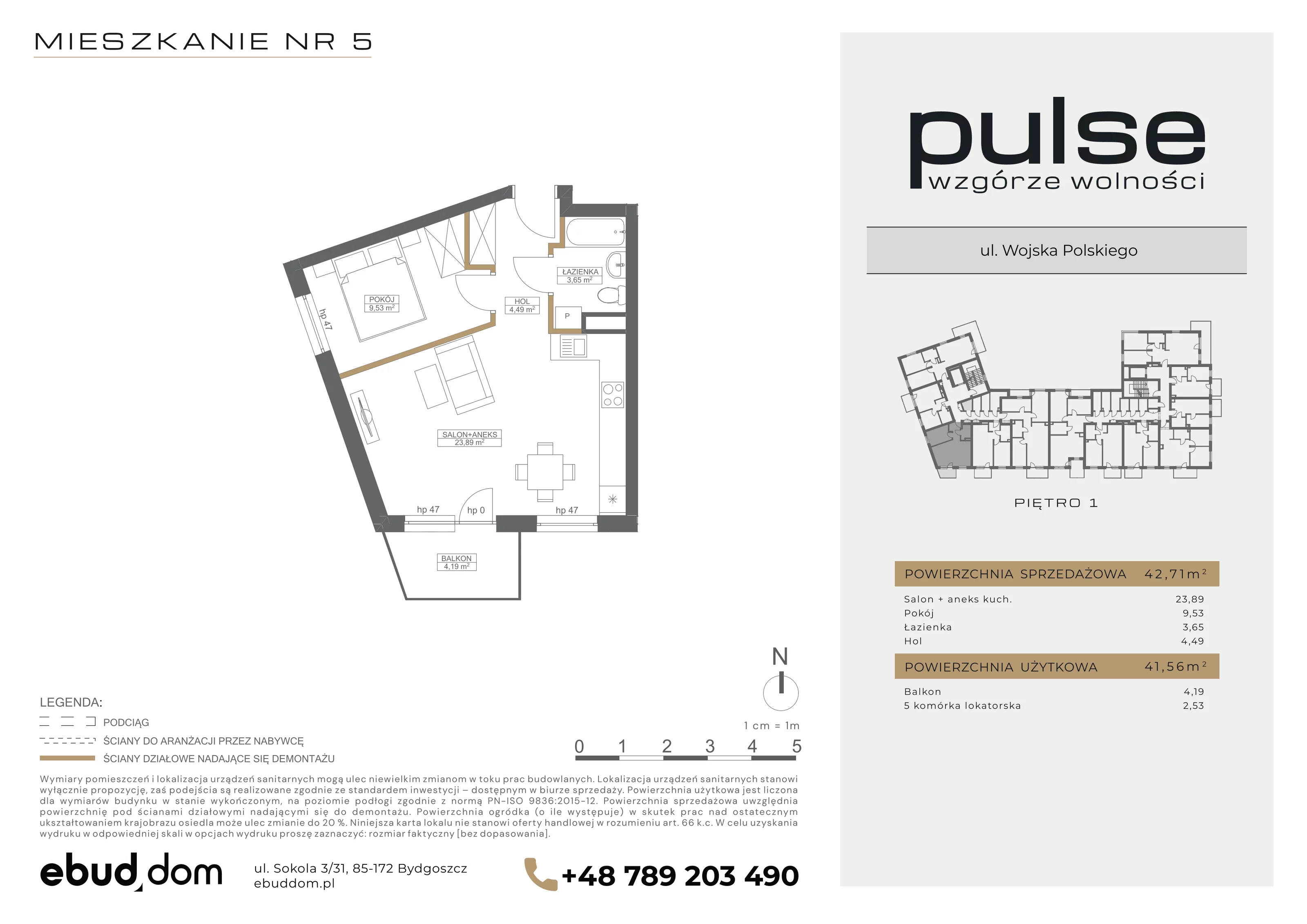2 pokoje, mieszkanie 42,71 m², piętro 1, oferta nr 5, Pulse, Bydgoszcz, Wzgórze Wolności, ul. Wojska Polskiego