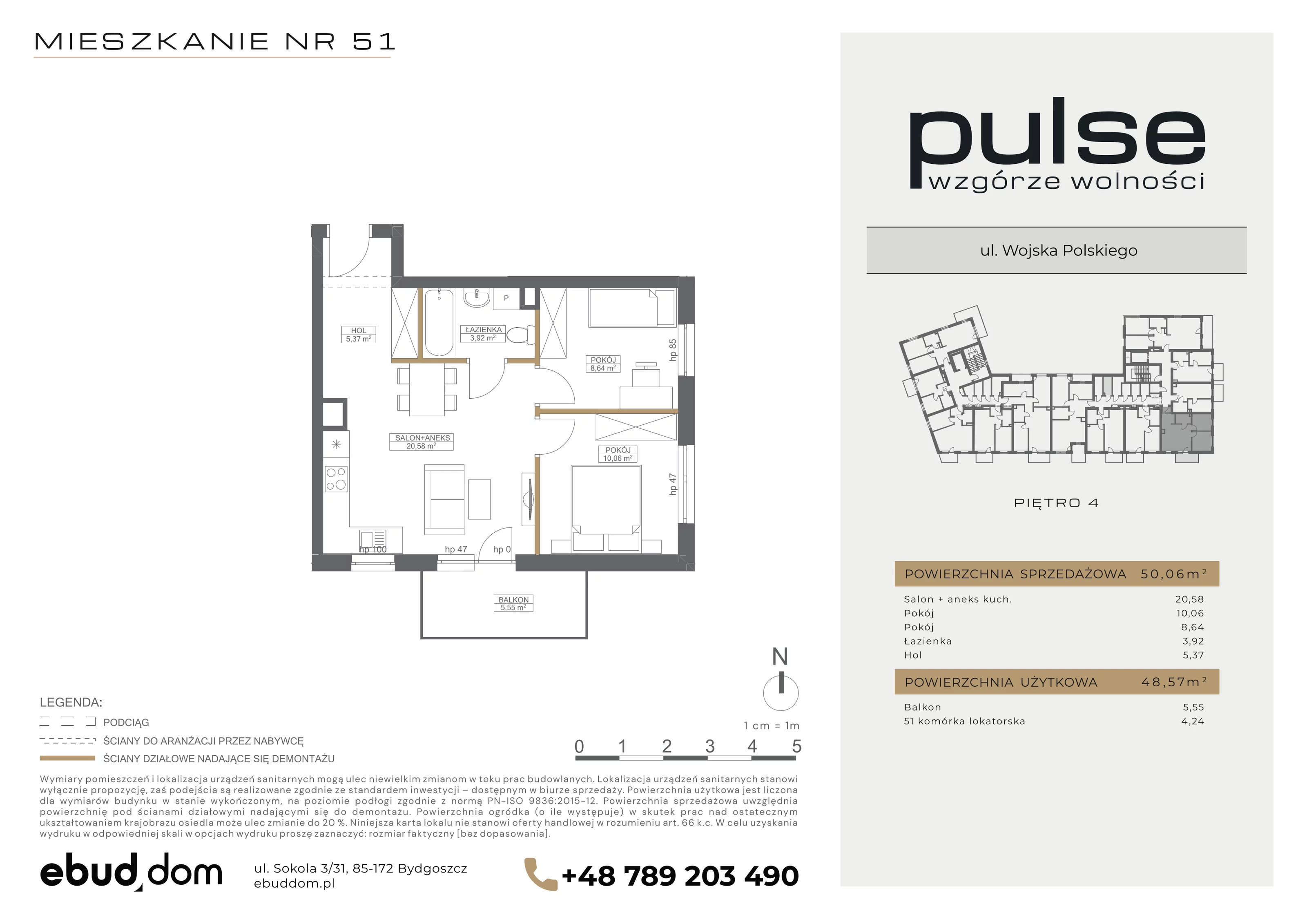 3 pokoje, mieszkanie 50,06 m², piętro 4, oferta nr 51, Pulse, Bydgoszcz, Wzgórze Wolności, ul. Wojska Polskiego
