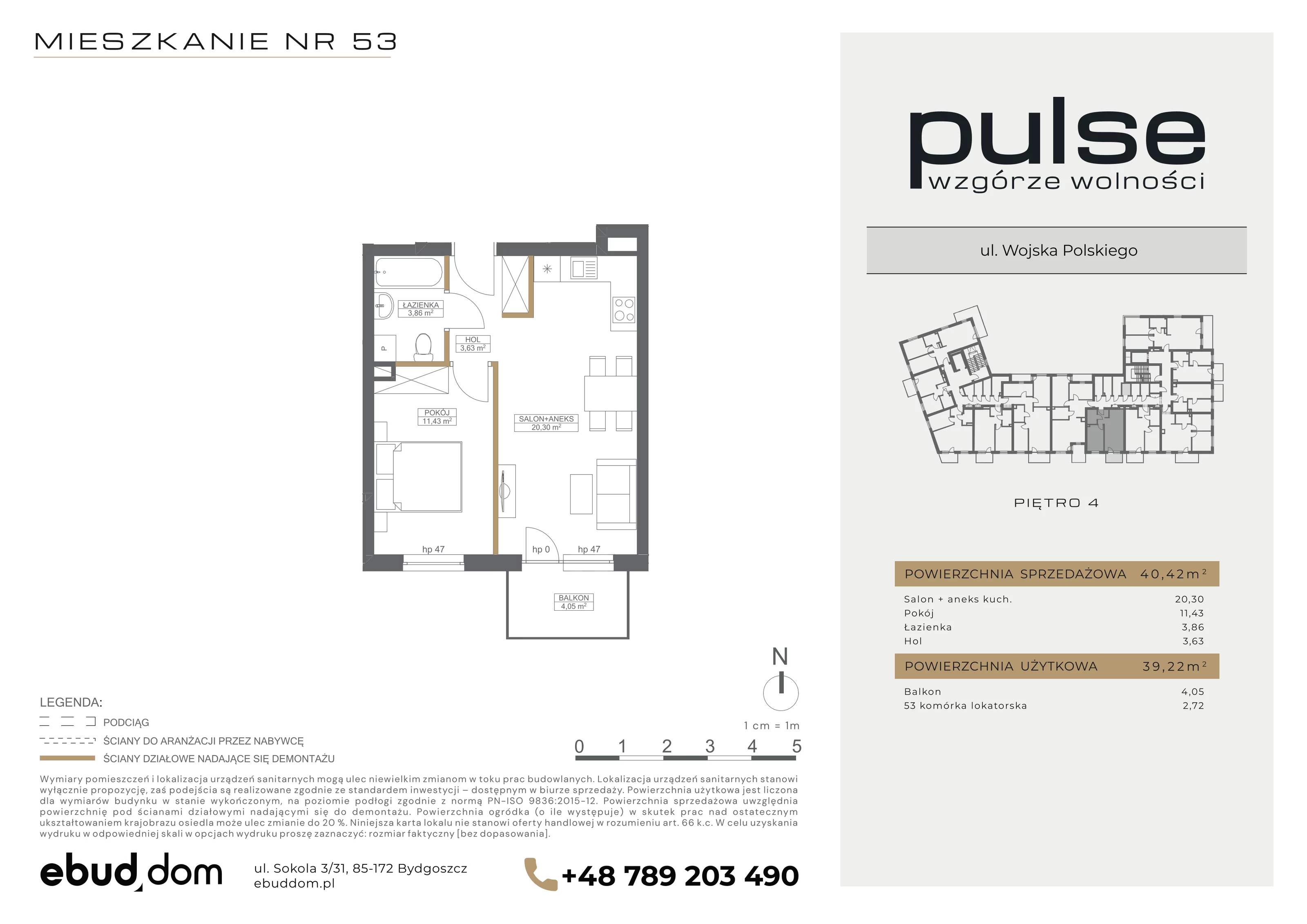 2 pokoje, mieszkanie 40,42 m², piętro 4, oferta nr 53, Pulse, Bydgoszcz, Wzgórze Wolności, ul. Wojska Polskiego
