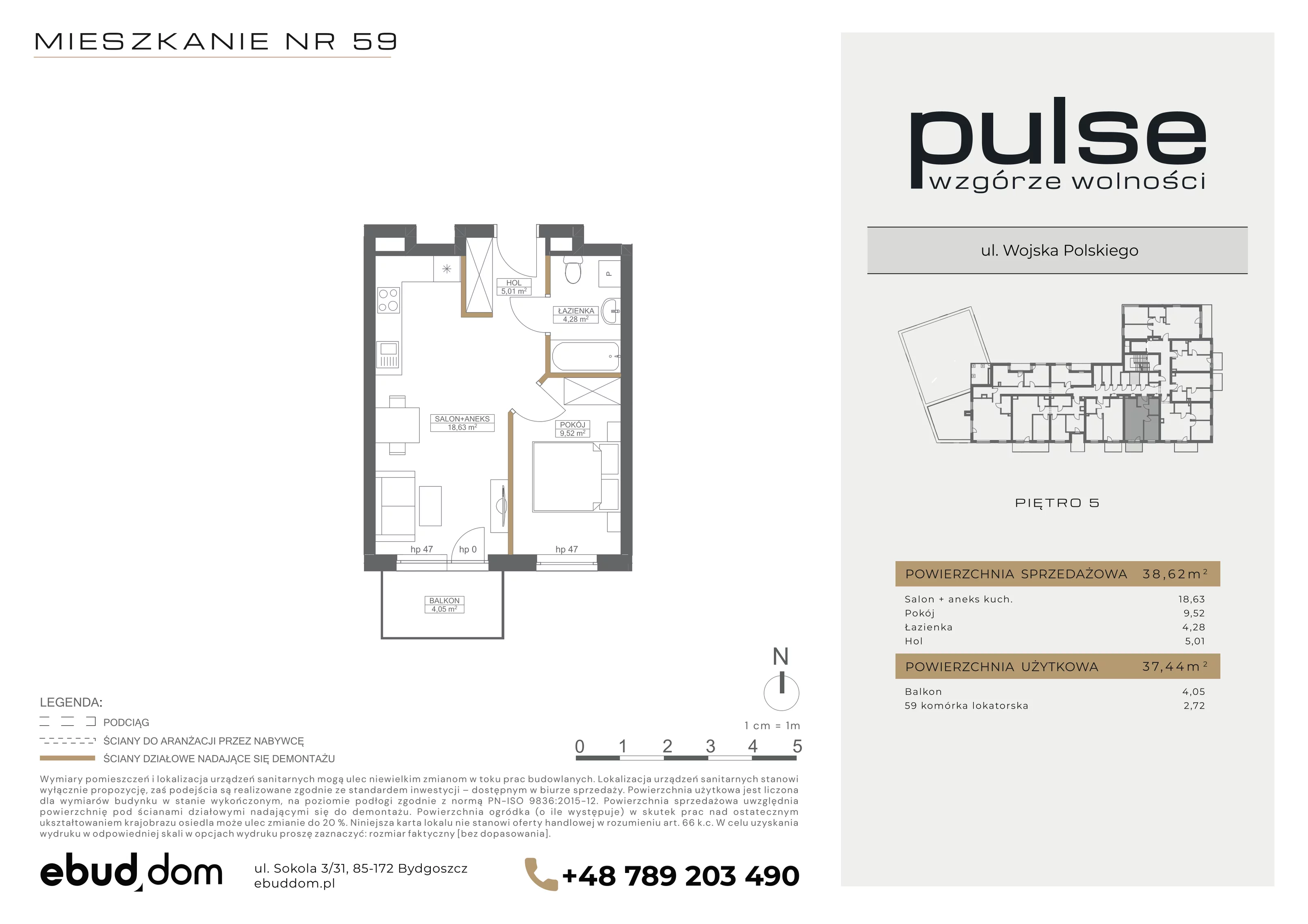 2 pokoje, mieszkanie 38,62 m², piętro 5, oferta nr 59, Pulse, Bydgoszcz, Wzgórze Wolności, ul. Wojska Polskiego