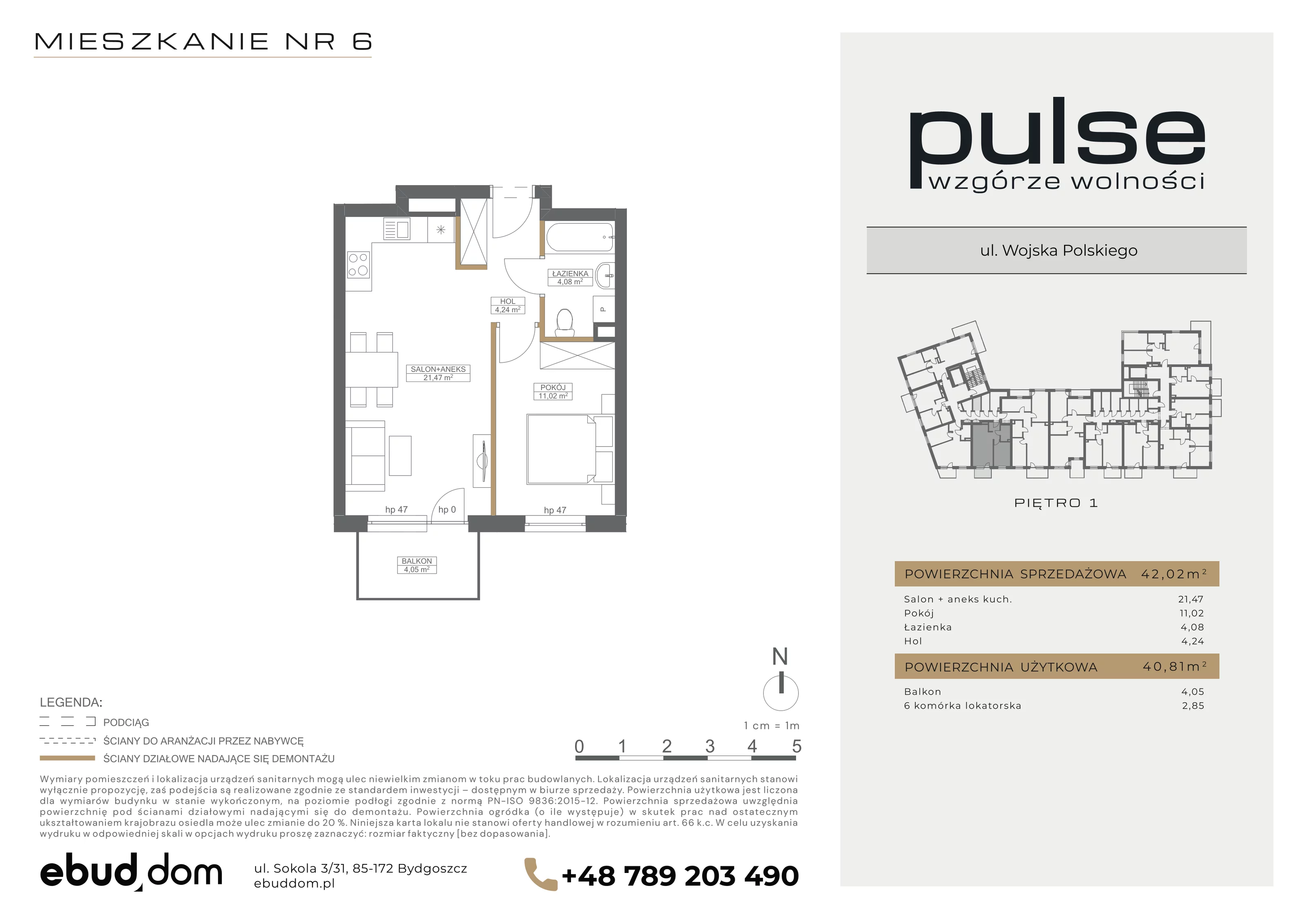 2 pokoje, mieszkanie 42,02 m², piętro 1, oferta nr 6, Pulse, Bydgoszcz, Wzgórze Wolności, ul. Wojska Polskiego