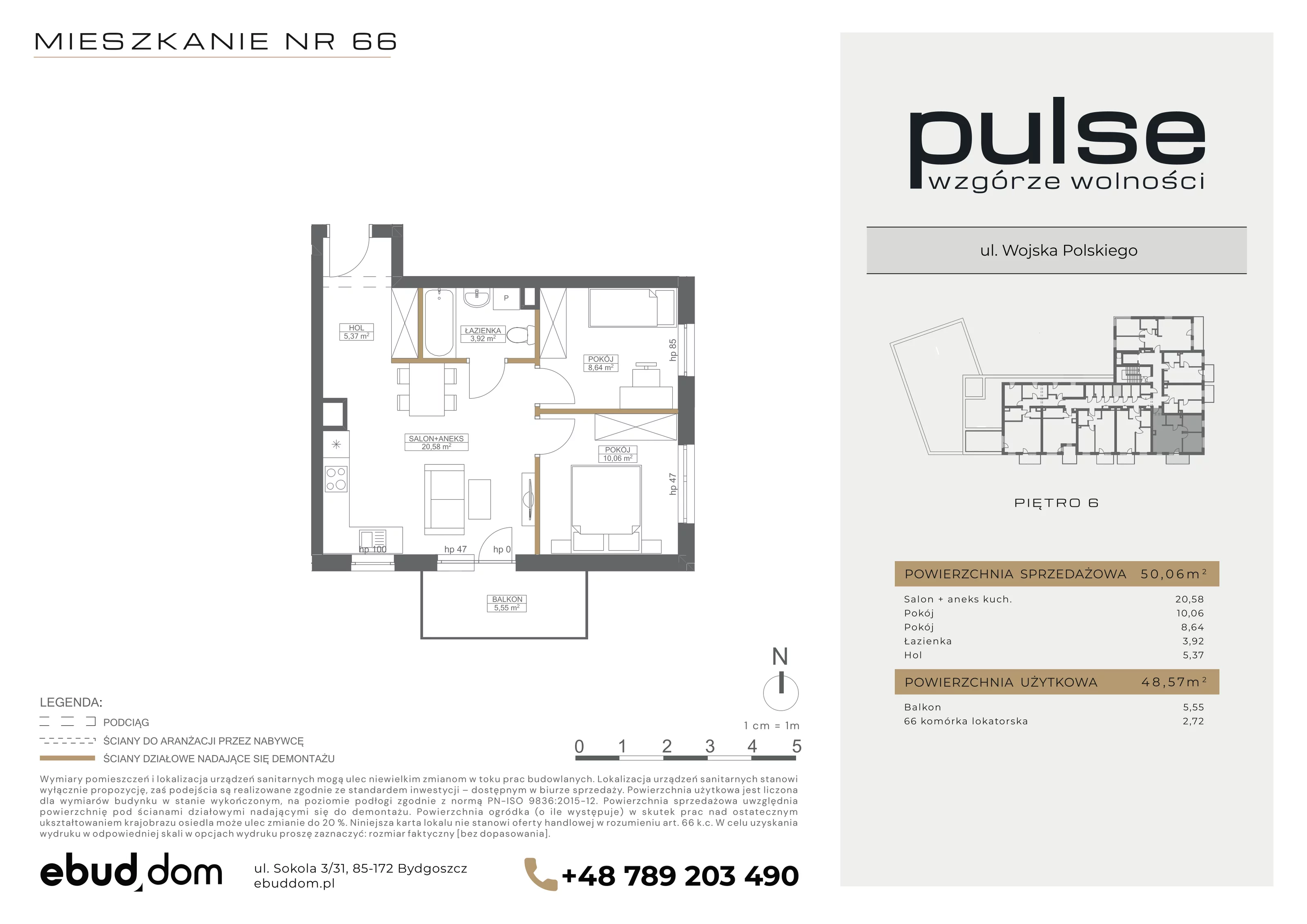 3 pokoje, mieszkanie 50,06 m², piętro 6, oferta nr 66, Pulse, Bydgoszcz, Wzgórze Wolności, ul. Wojska Polskiego
