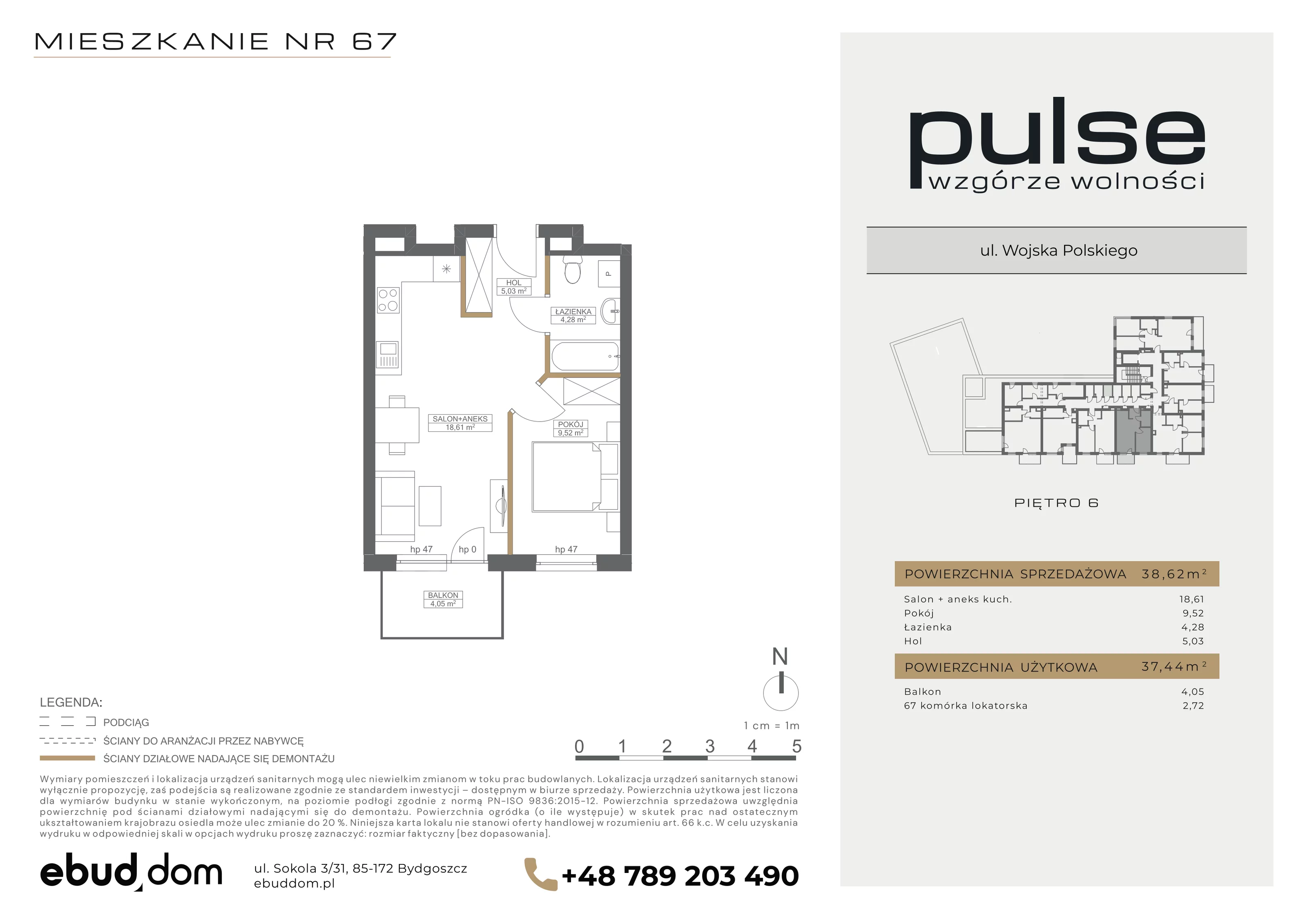 2 pokoje, mieszkanie 38,62 m², piętro 6, oferta nr 67, Pulse, Bydgoszcz, Wzgórze Wolności, ul. Wojska Polskiego