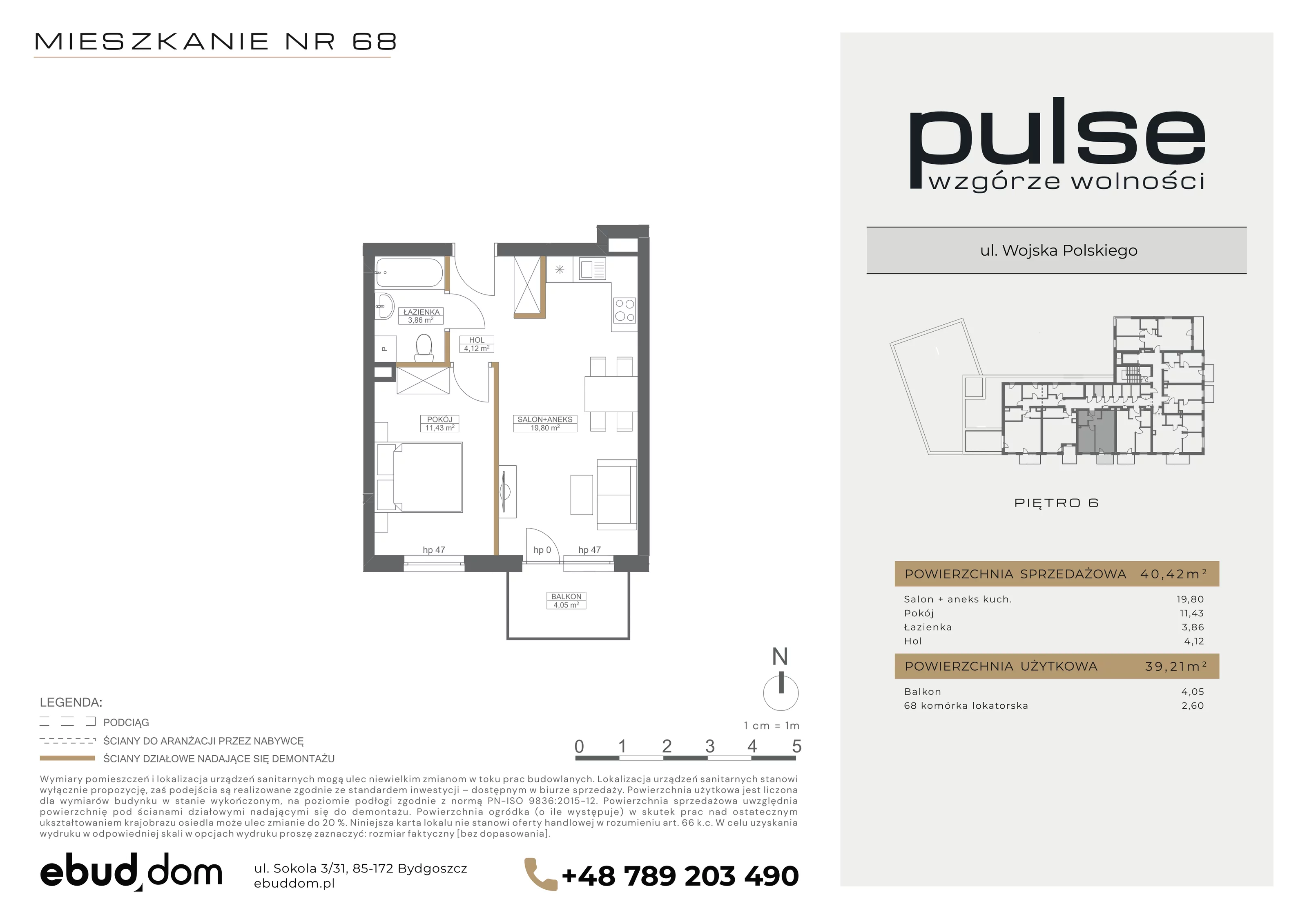 2 pokoje, mieszkanie 40,42 m², piętro 6, oferta nr 68, Pulse, Bydgoszcz, Wzgórze Wolności, ul. Wojska Polskiego