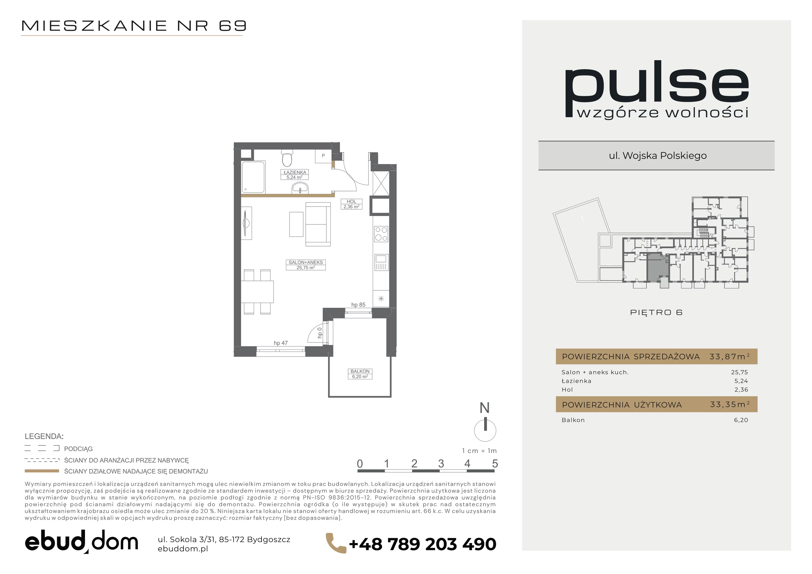 1 pokój, mieszkanie 33,87 m², piętro 6, oferta nr 69, Pulse, Bydgoszcz, Wzgórze Wolności, ul. Wojska Polskiego