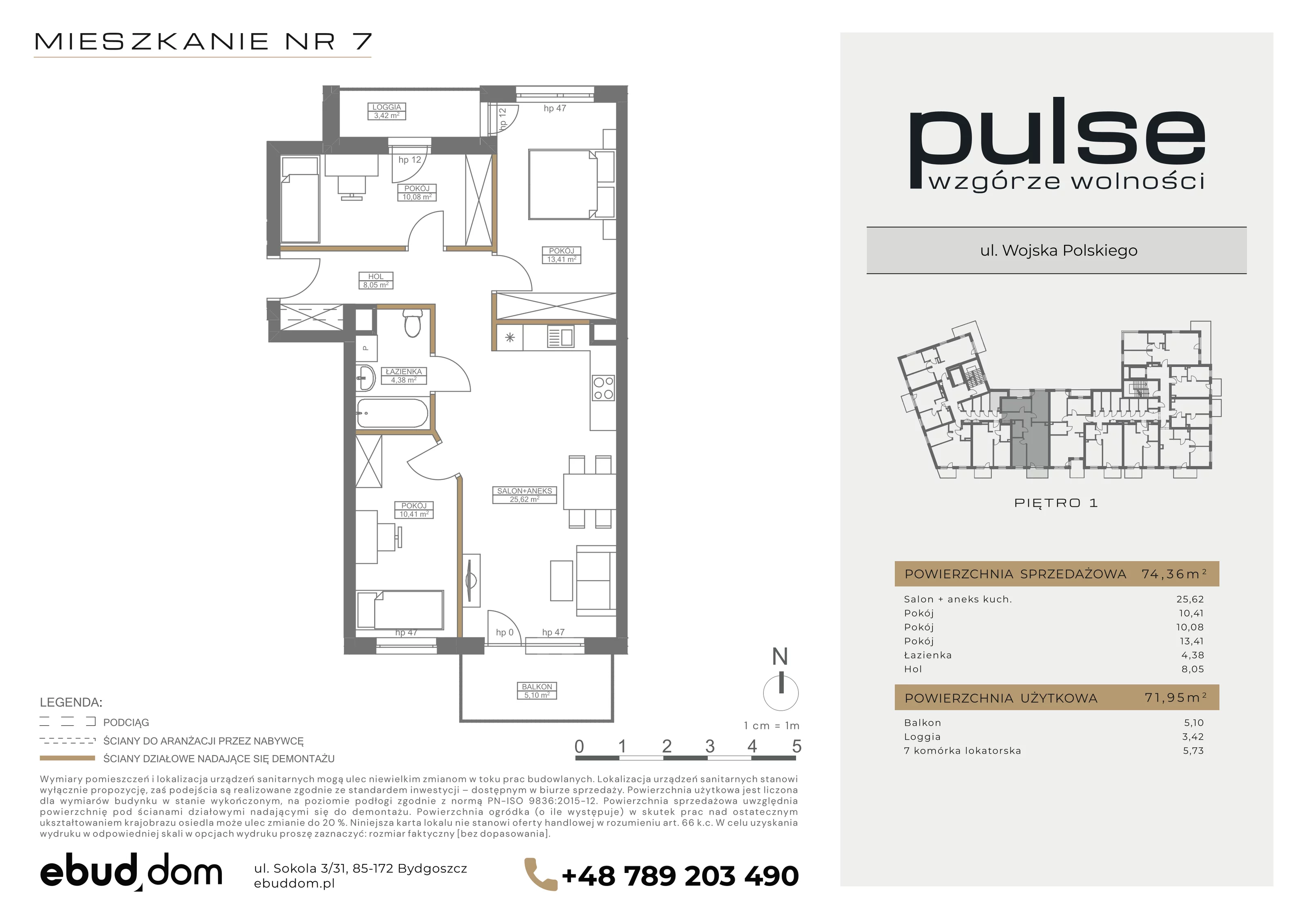 4 pokoje, mieszkanie 74,36 m², piętro 1, oferta nr 7, Pulse, Bydgoszcz, Wzgórze Wolności, ul. Wojska Polskiego