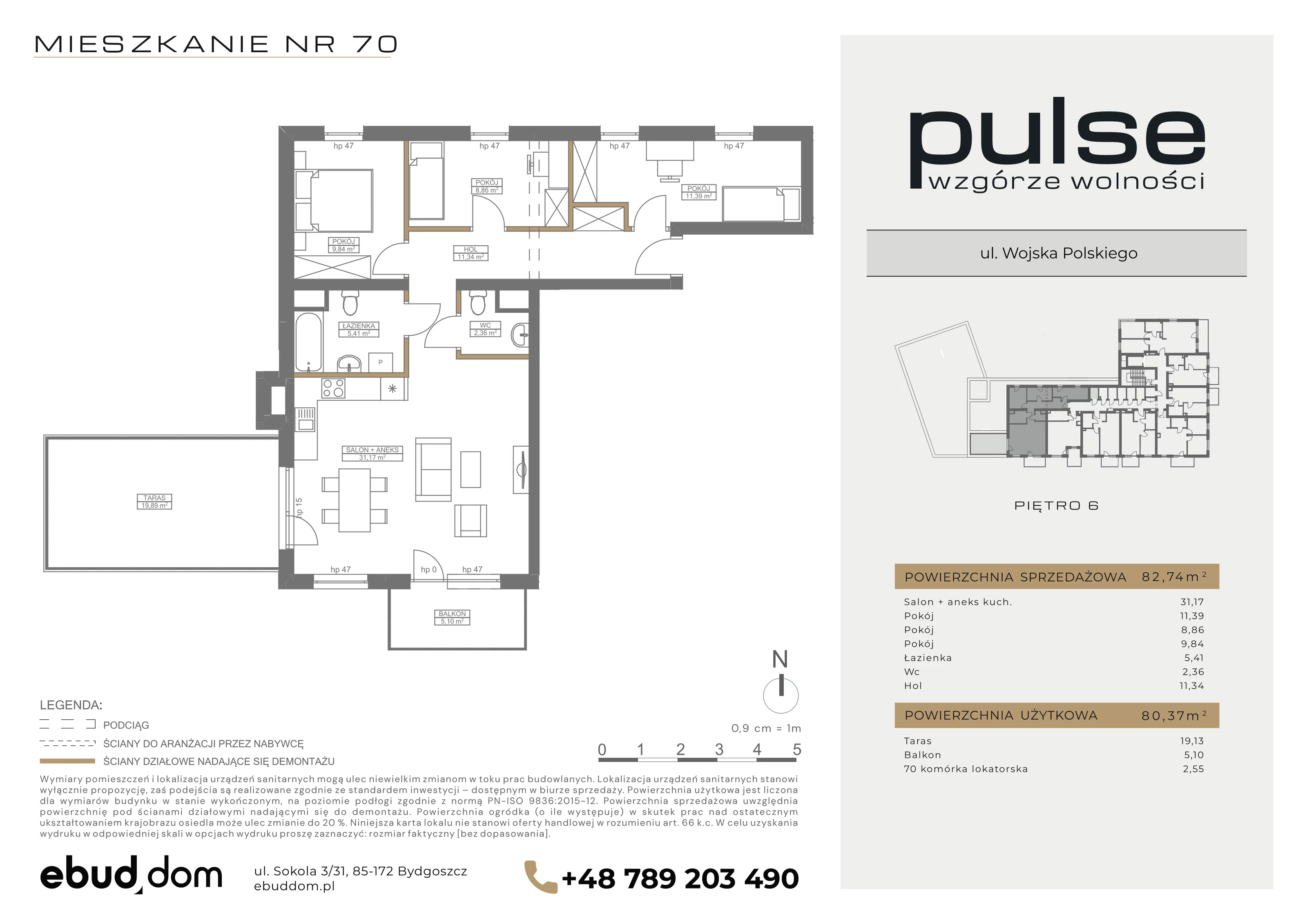4 pokoje, mieszkanie 82,74 m², piętro 6, oferta nr 70, Pulse, Bydgoszcz, Wzgórze Wolności, ul. Wojska Polskiego