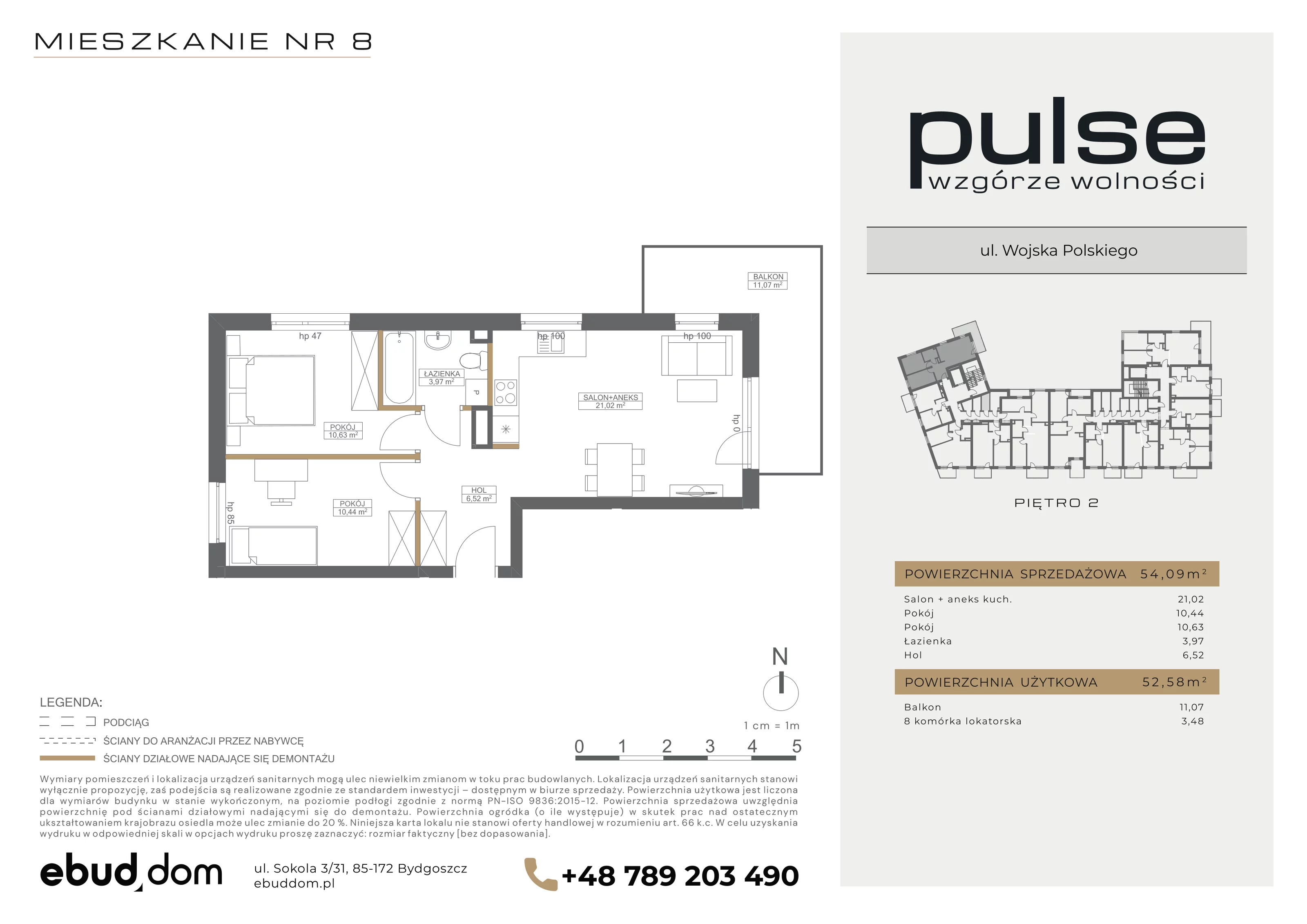 3 pokoje, mieszkanie 54,09 m², piętro 2, oferta nr 8, Pulse, Bydgoszcz, Wzgórze Wolności, ul. Wojska Polskiego