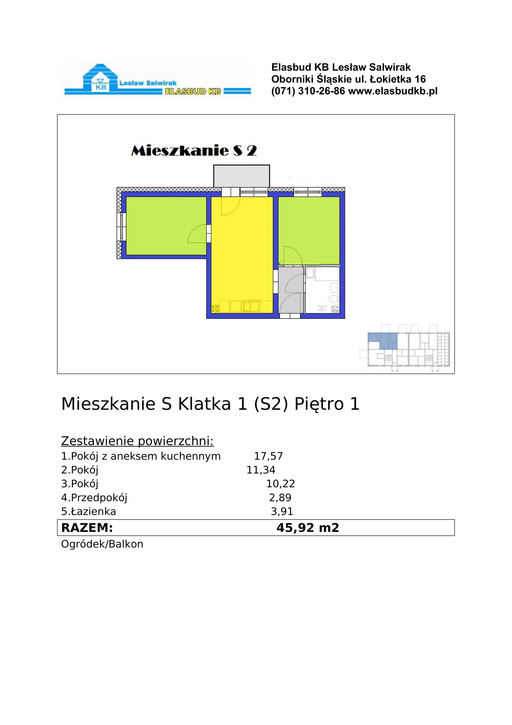 Mieszkanie 45,92 m², piętro 1, oferta nr S2, Grzybowa 2, Oborniki Śląskie, ul.Grzybowa