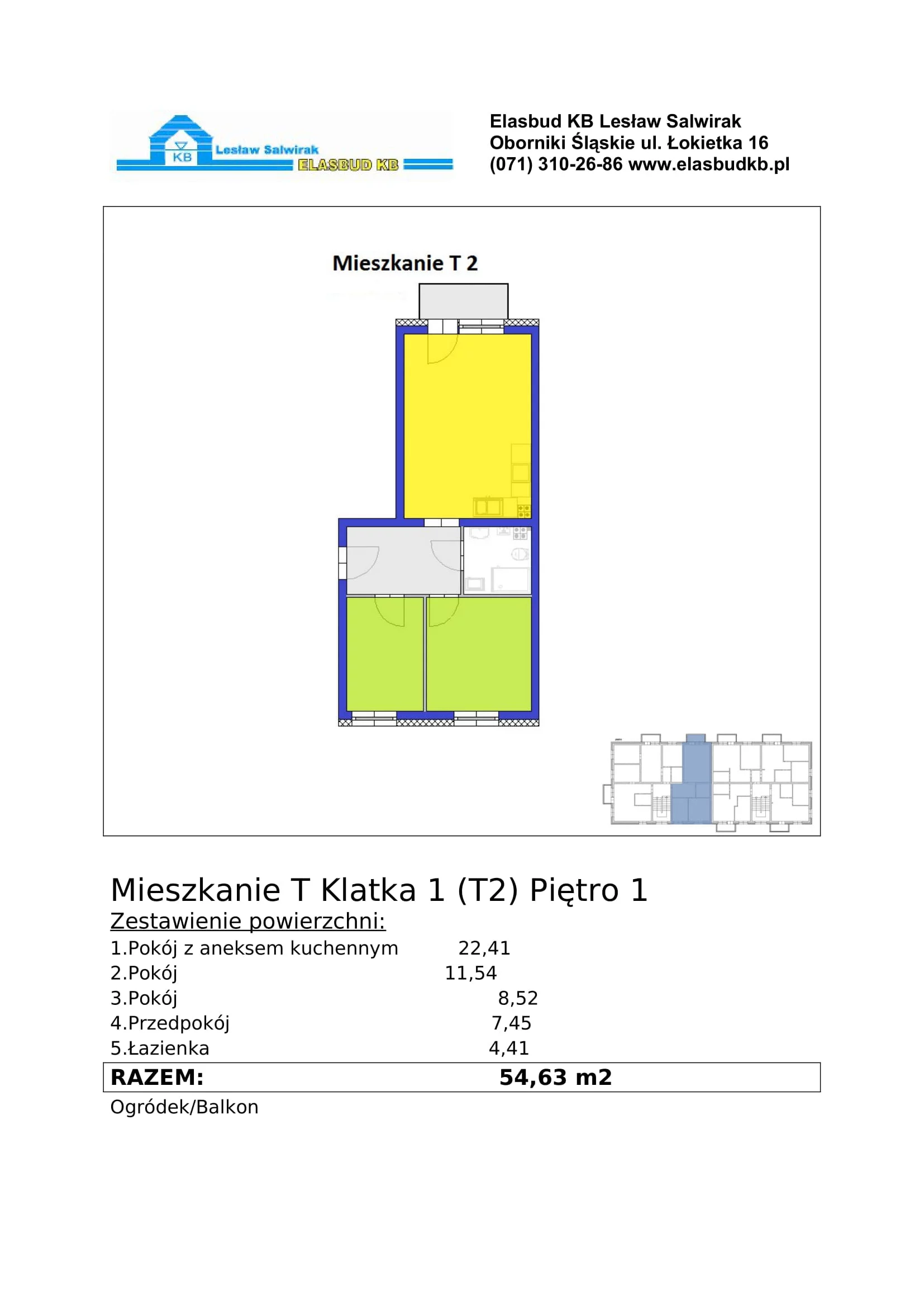 Mieszkanie 54,63 m², piętro 1, oferta nr T2, Grzybowa 2, Oborniki Śląskie, ul.Grzybowa