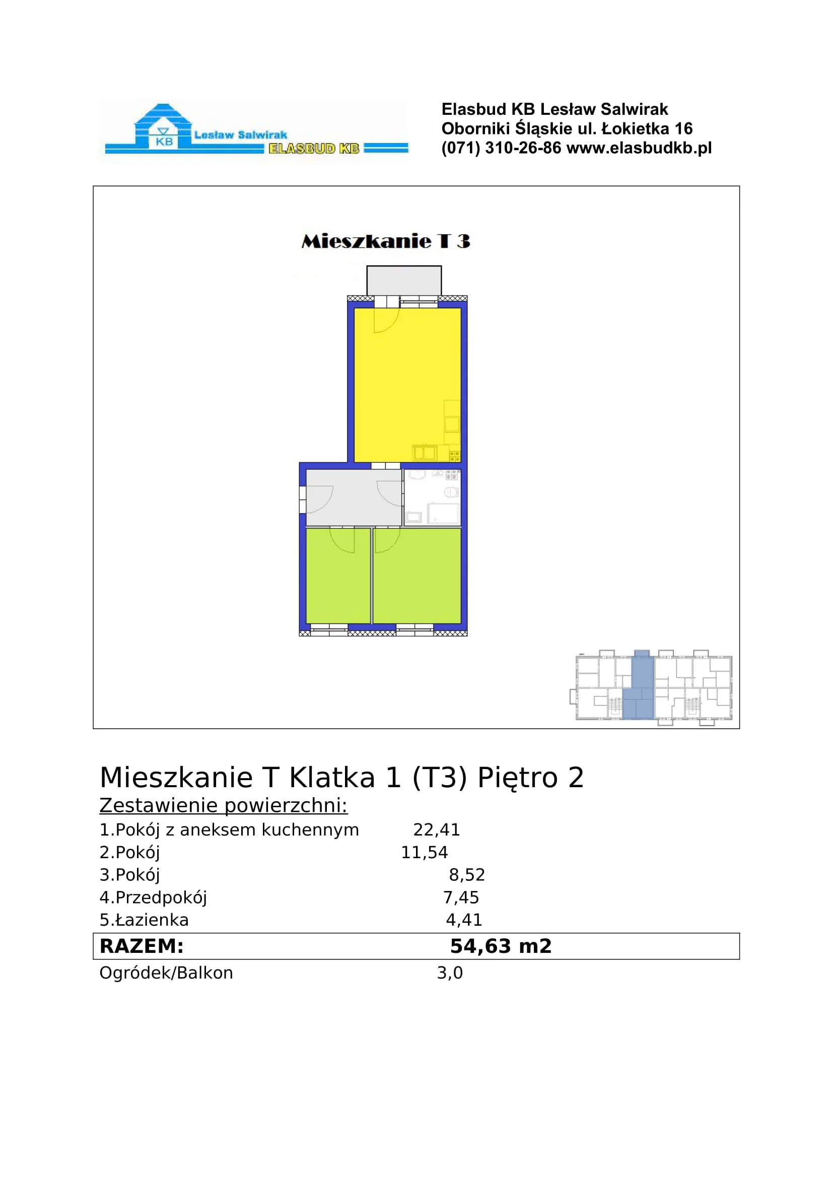 Mieszkanie 54,63 m², piętro 2, oferta nr T3, Grzybowa 2, Oborniki Śląskie, ul.Grzybowa