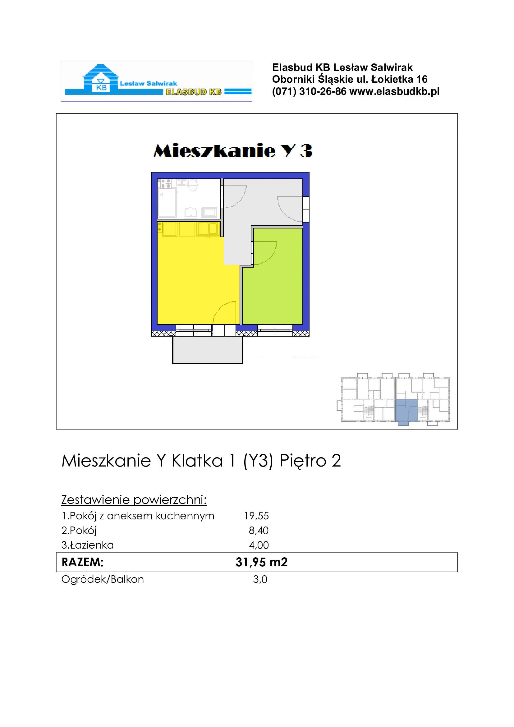 Mieszkanie 31,95 m², piętro 2, oferta nr Y3, Grzybowa 2, Oborniki Śląskie, ul.Grzybowa