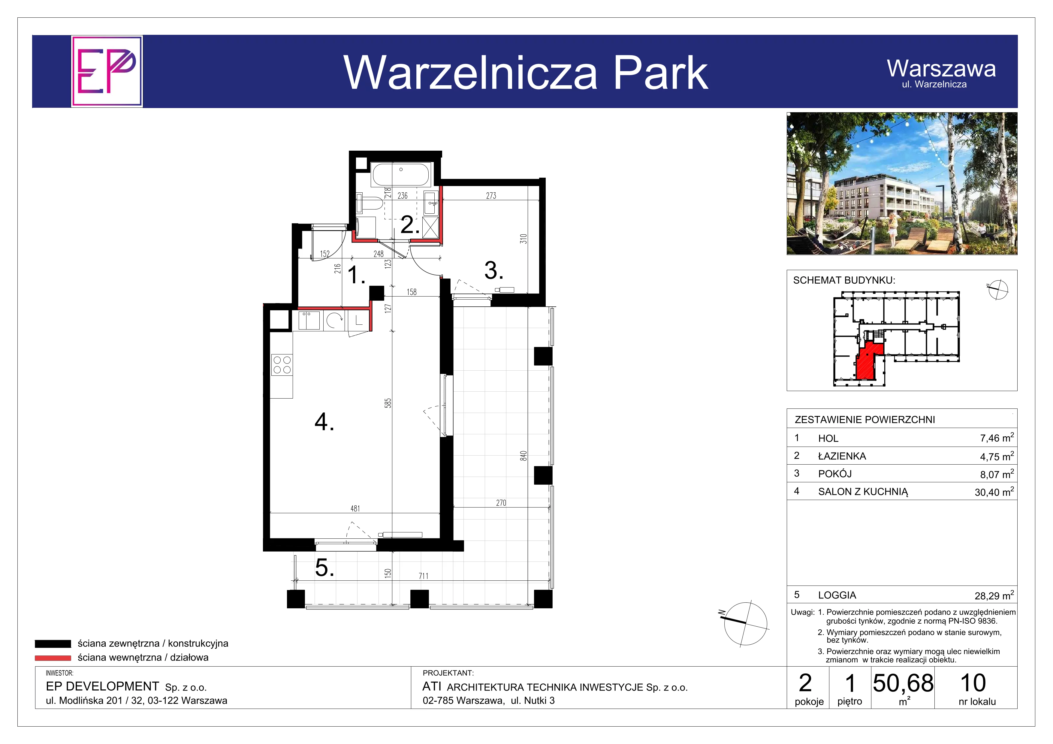 2 pokoje, mieszkanie 50,68 m², piętro 1, oferta nr WP-10, Warzelnicza Park, Warszawa, Białołęka, Brzeziny, ul. Warzelnicza