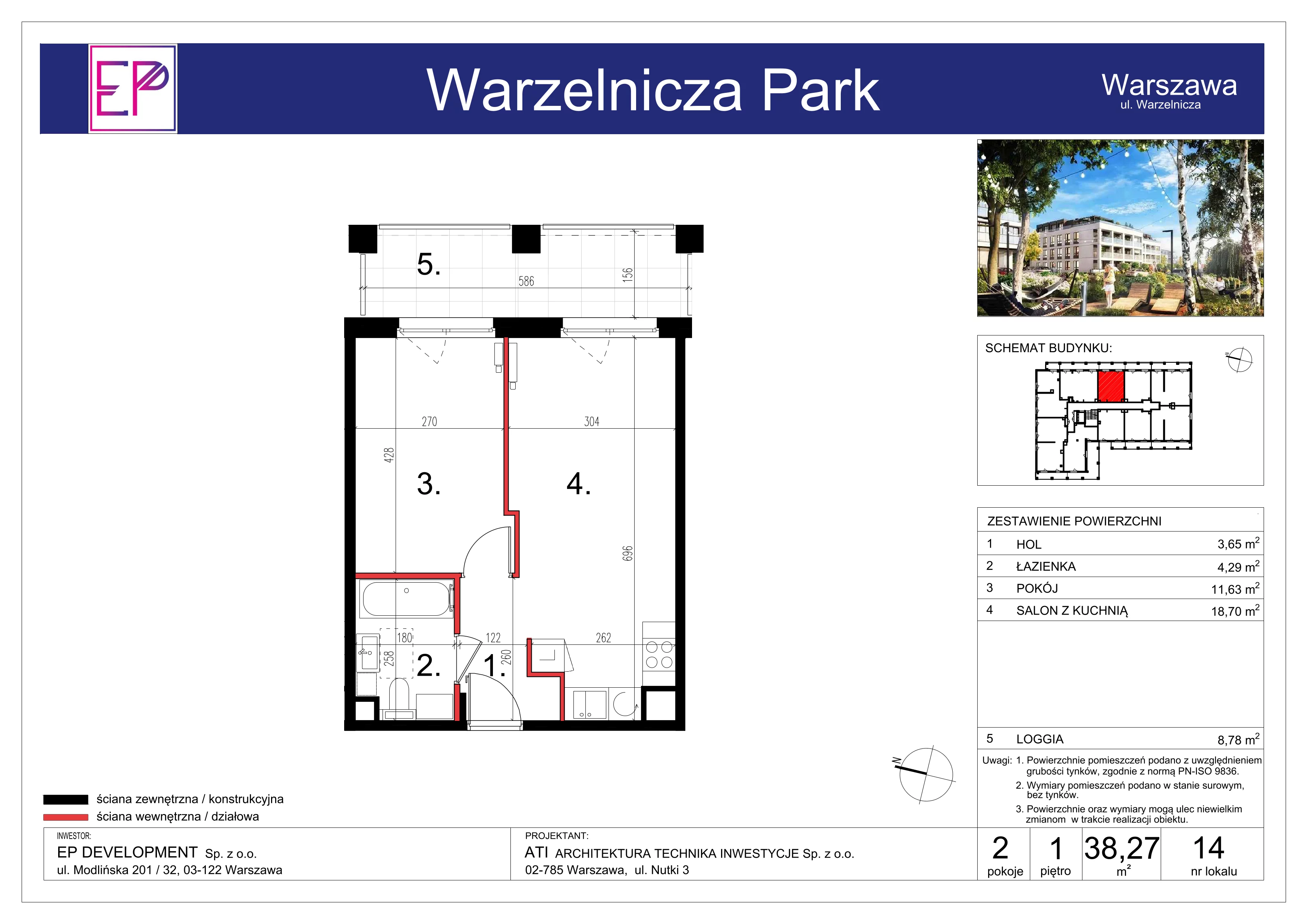 2 pokoje, mieszkanie 38,27 m², piętro 1, oferta nr WP-14, Warzelnicza Park, Warszawa, Białołęka, Brzeziny, ul. Warzelnicza
