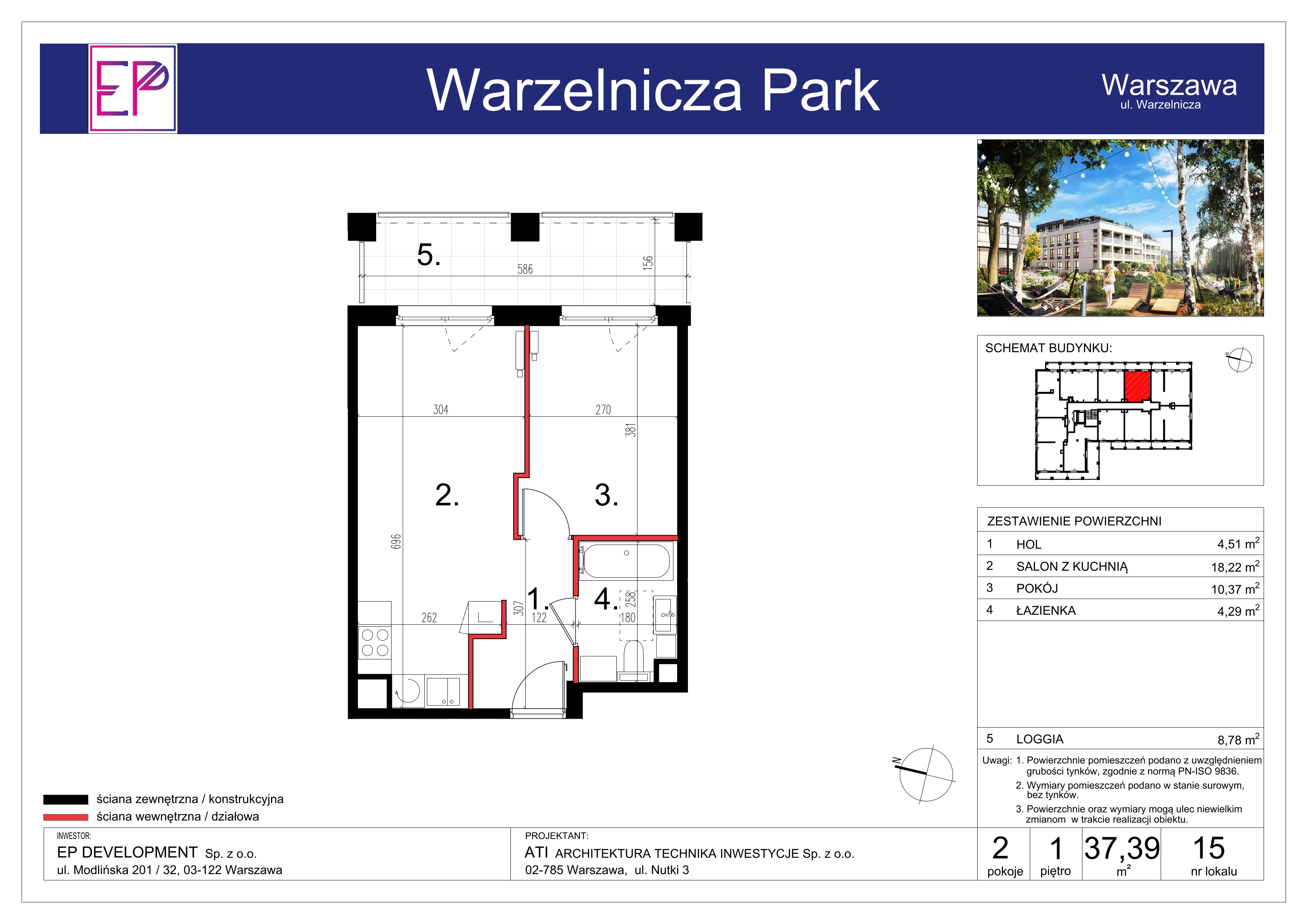 2 pokoje, mieszkanie 37,39 m², piętro 1, oferta nr WP-15, Warzelnicza Park, Warszawa, Białołęka, Brzeziny, ul. Warzelnicza