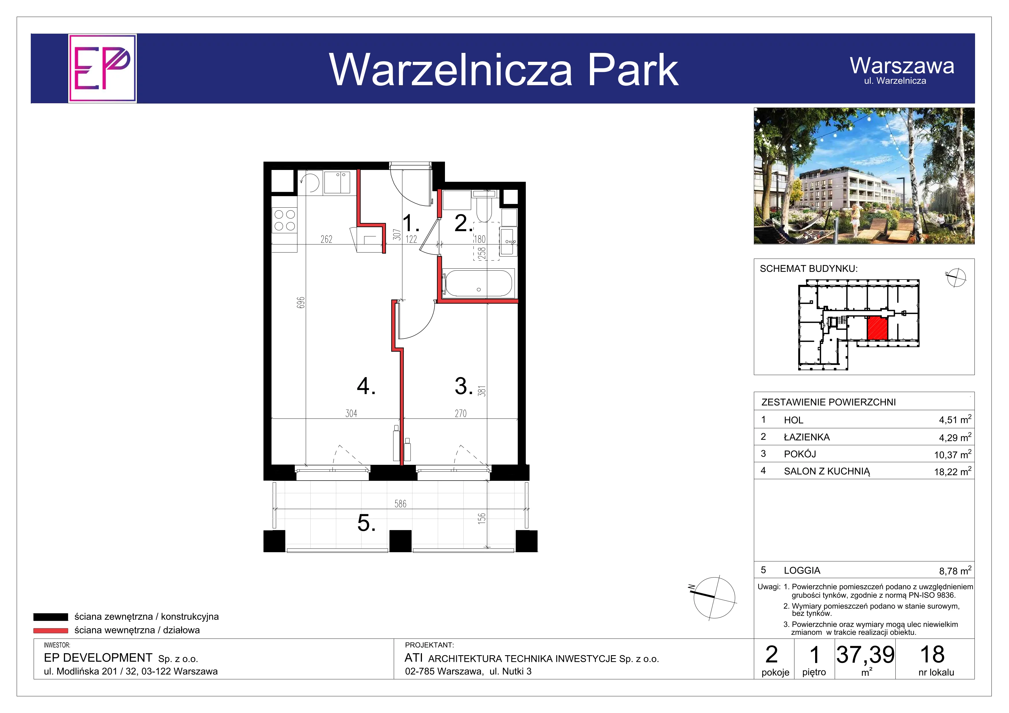 2 pokoje, mieszkanie 37,39 m², piętro 1, oferta nr WP-18, Warzelnicza Park, Warszawa, Białołęka, Brzeziny, ul. Warzelnicza