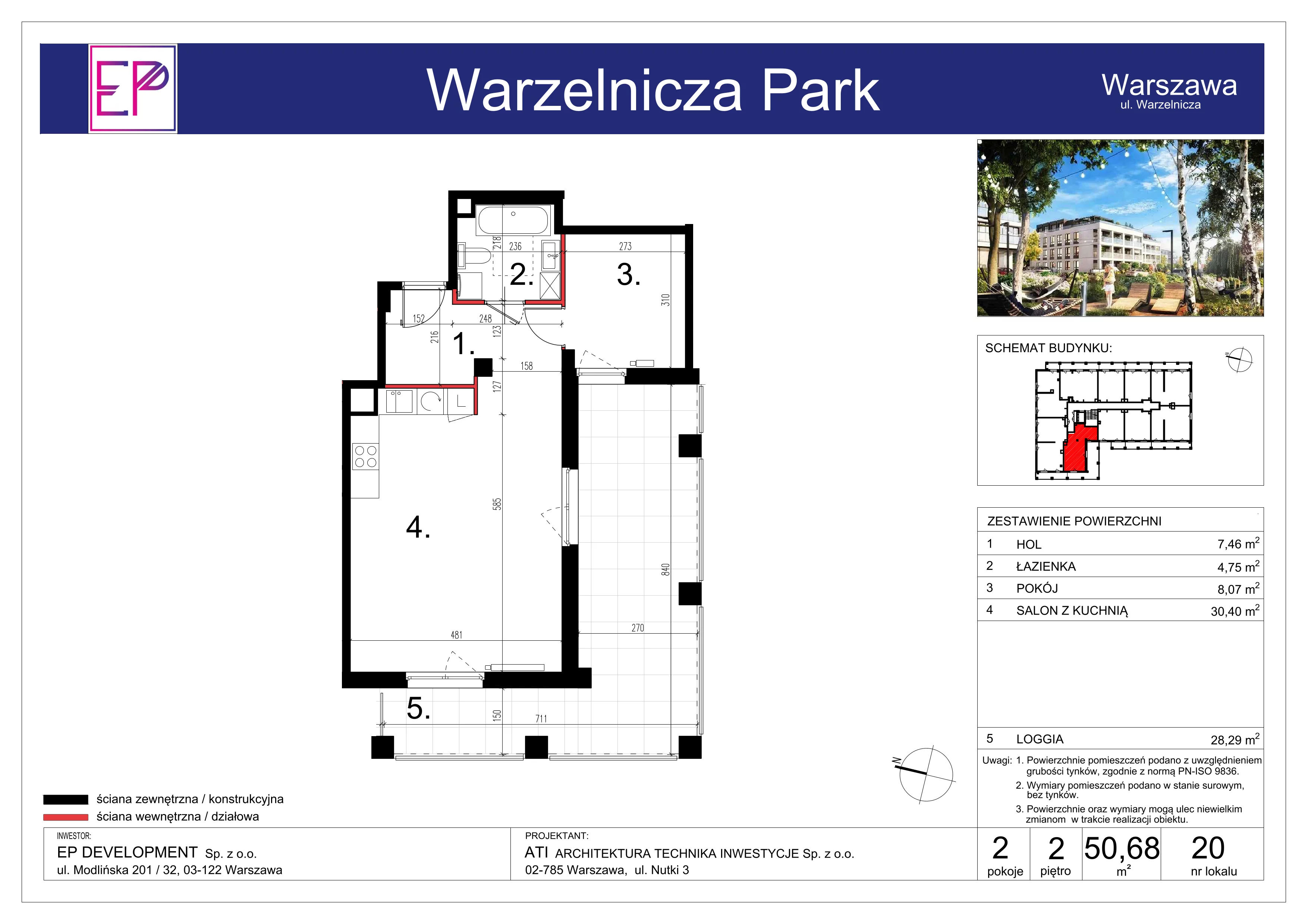 2 pokoje, mieszkanie 50,68 m², piętro 2, oferta nr WP-20, Warzelnicza Park, Warszawa, Białołęka, Brzeziny, ul. Warzelnicza