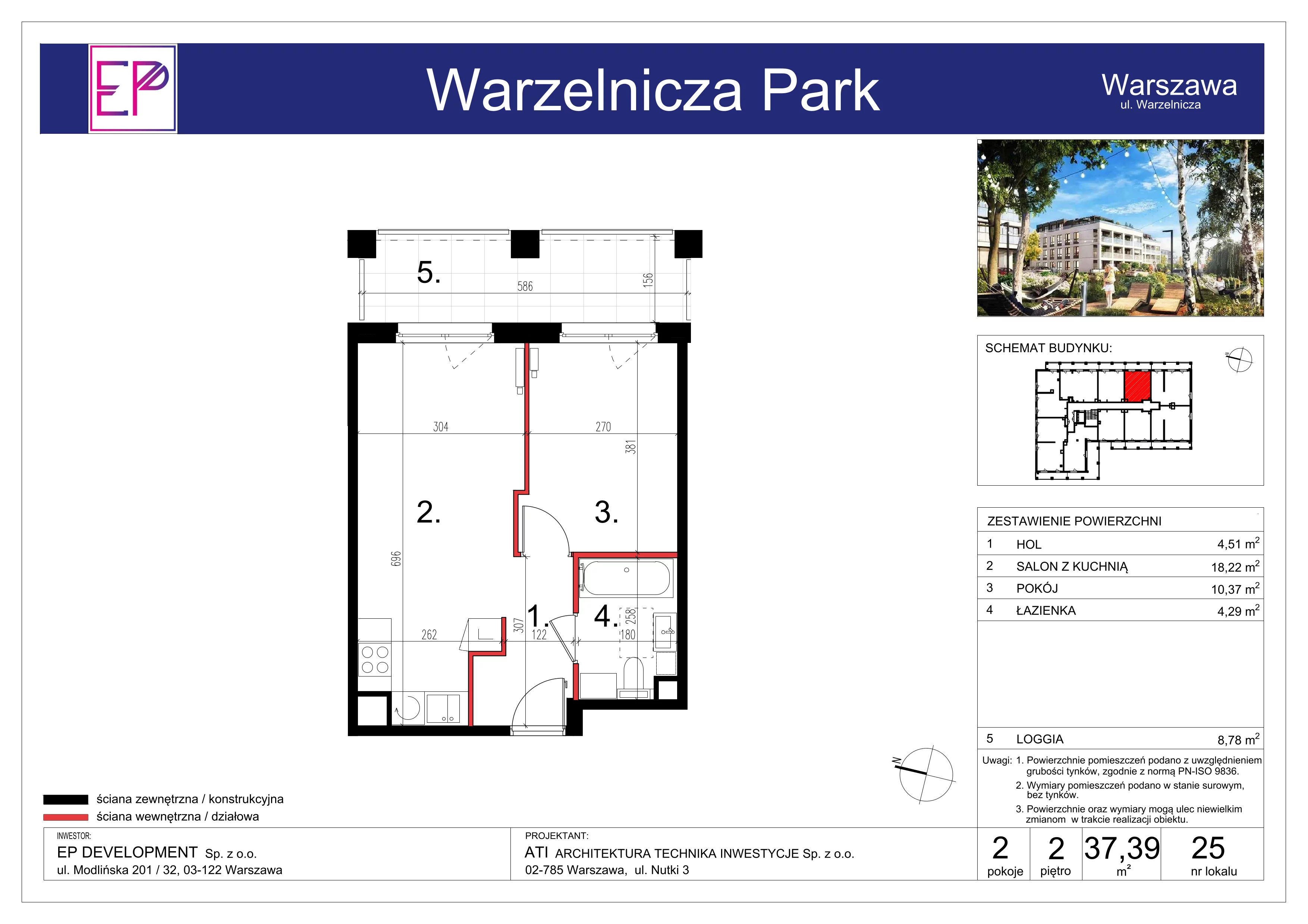 2 pokoje, mieszkanie 37,39 m², piętro 2, oferta nr WP-25, Warzelnicza Park, Warszawa, Białołęka, Brzeziny, ul. Warzelnicza