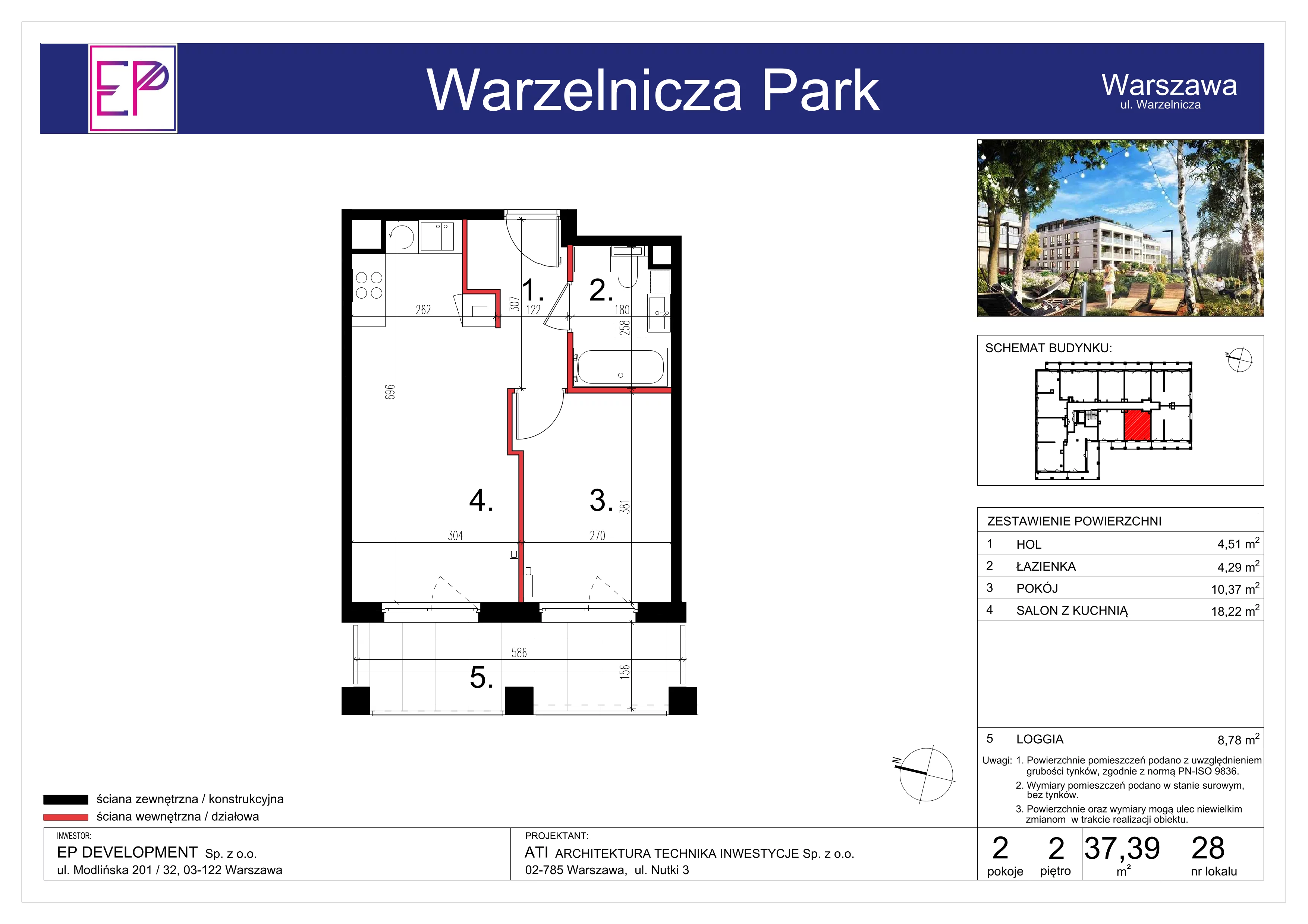 2 pokoje, mieszkanie 37,39 m², piętro 2, oferta nr WP-28, Warzelnicza Park, Warszawa, Białołęka, Brzeziny, ul. Warzelnicza