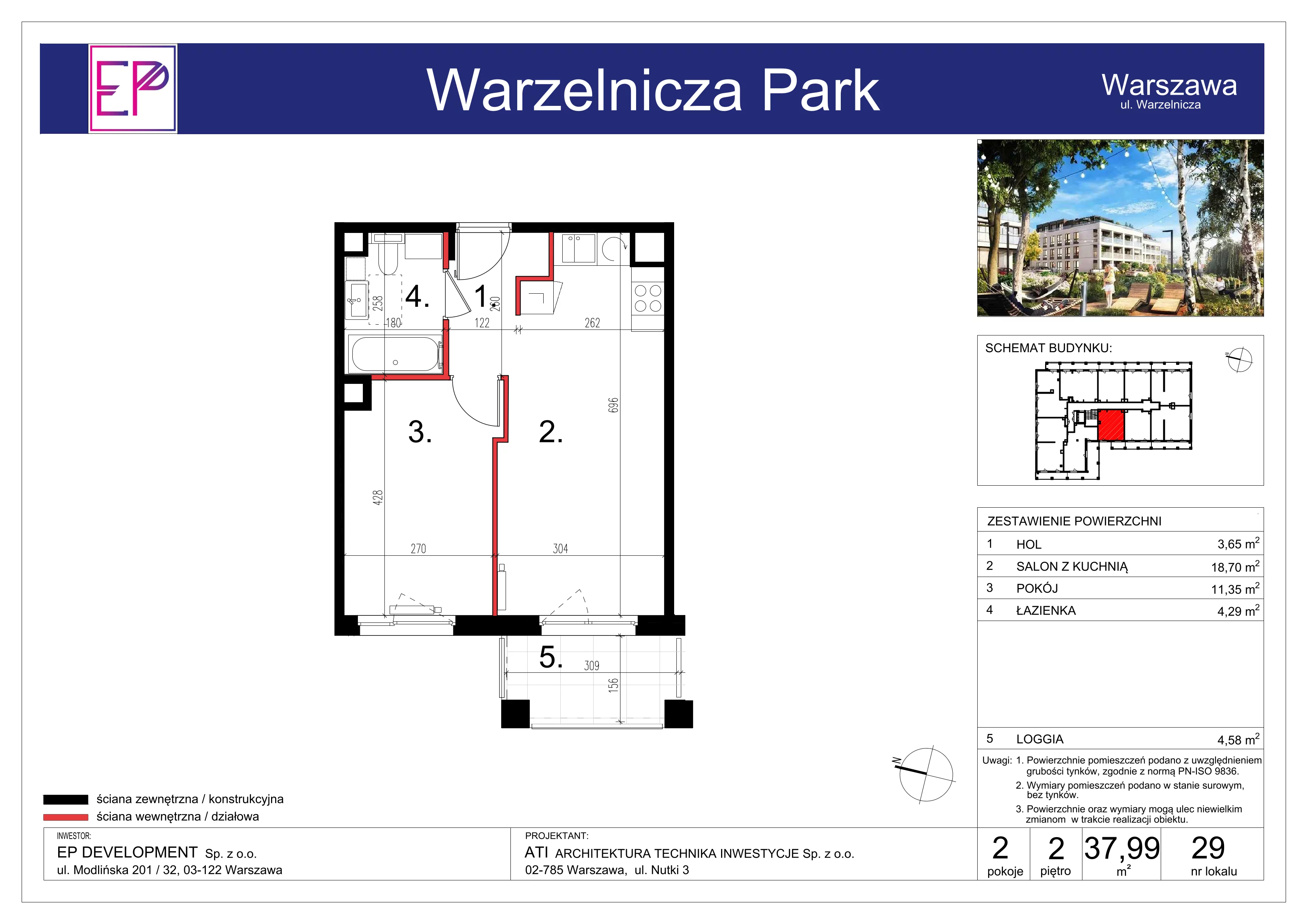 2 pokoje, mieszkanie 37,99 m², piętro 2, oferta nr WP-29, Warzelnicza Park, Warszawa, Białołęka, Brzeziny, ul. Warzelnicza