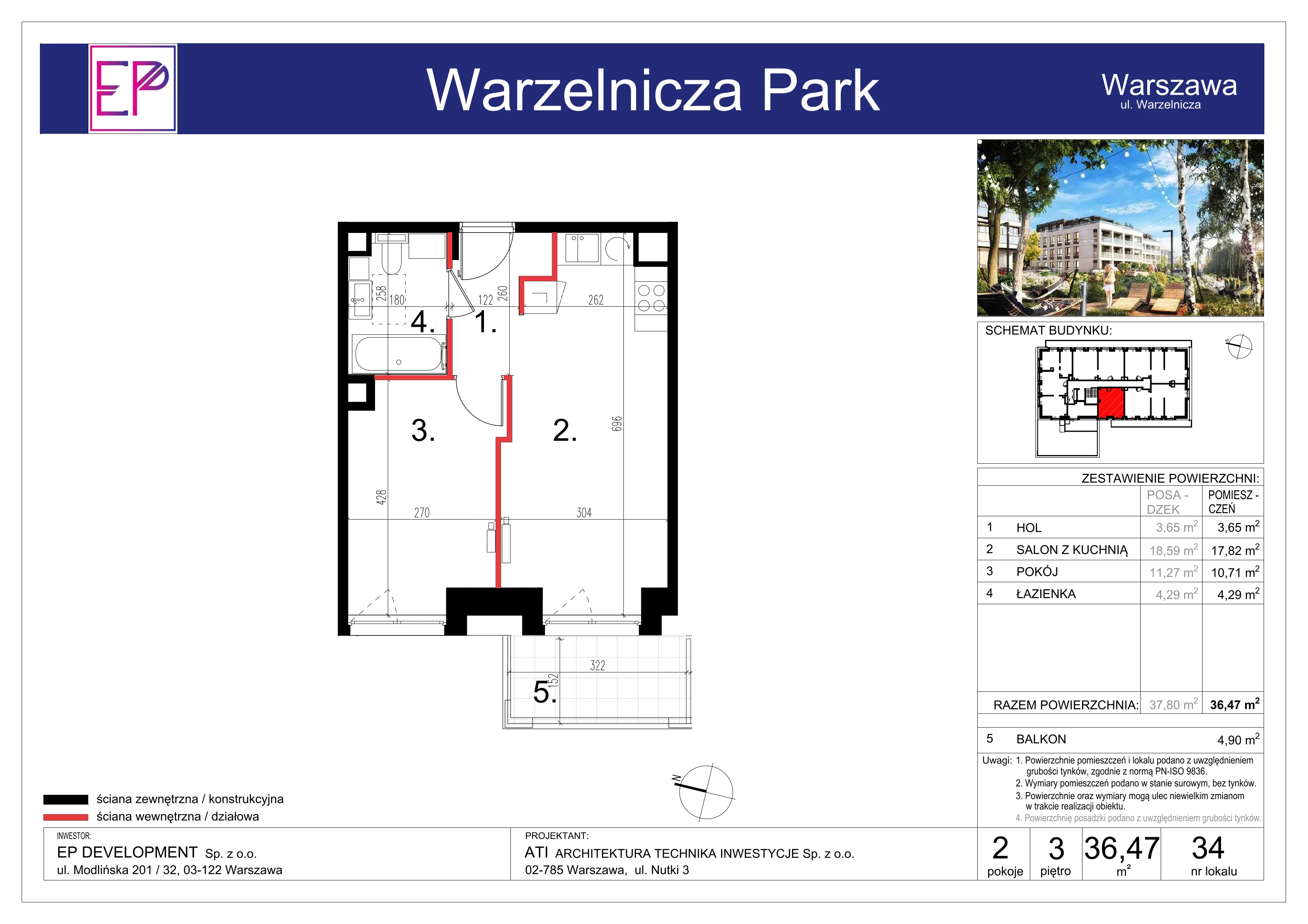 2 pokoje, mieszkanie 36,47 m², piętro 3, oferta nr WP-34, Warzelnicza Park, Warszawa, Białołęka, Brzeziny, ul. Warzelnicza