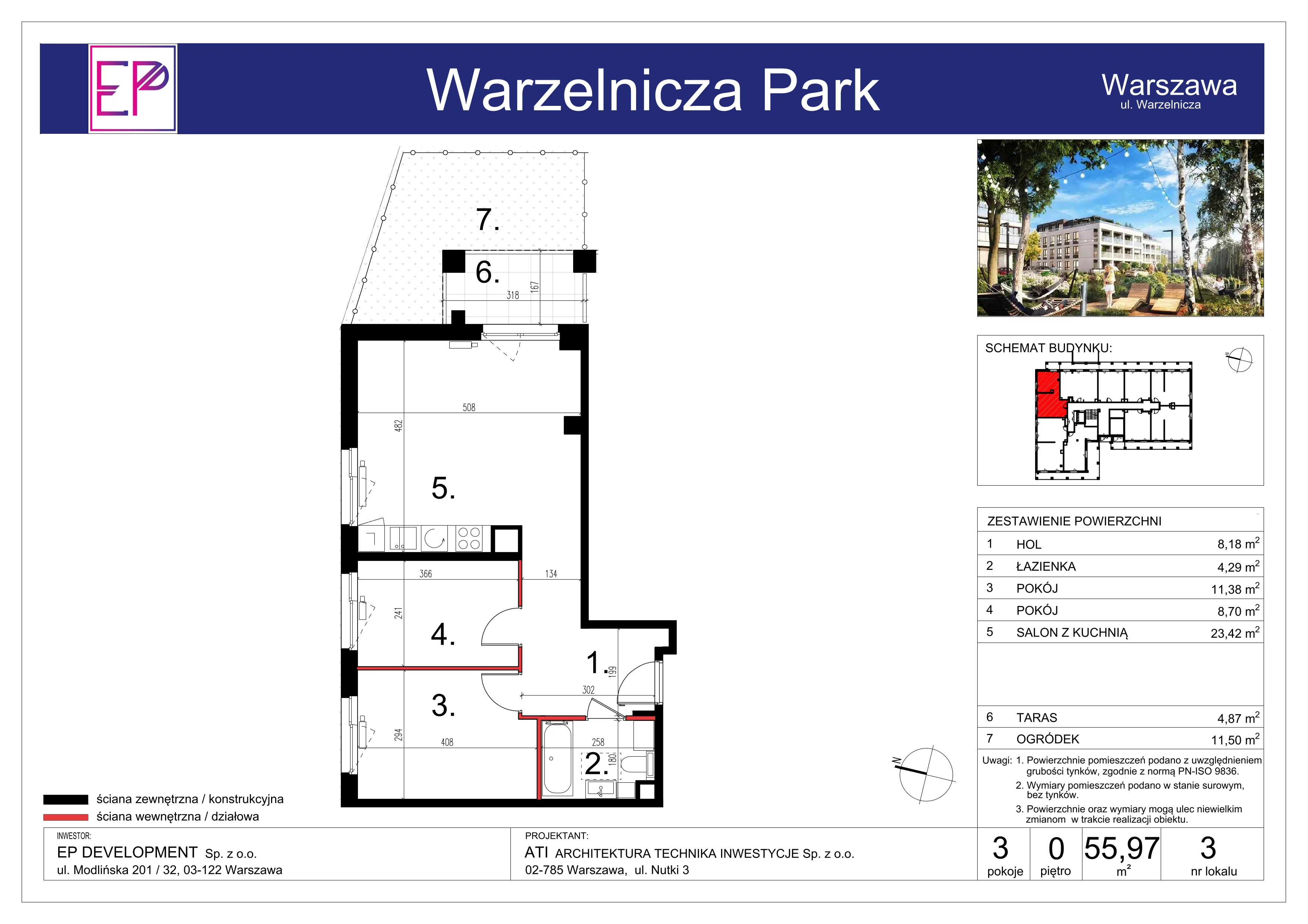 3 pokoje, mieszkanie 55,97 m², parter, oferta nr WP-3, Warzelnicza Park, Warszawa, Białołęka, Brzeziny, ul. Warzelnicza
