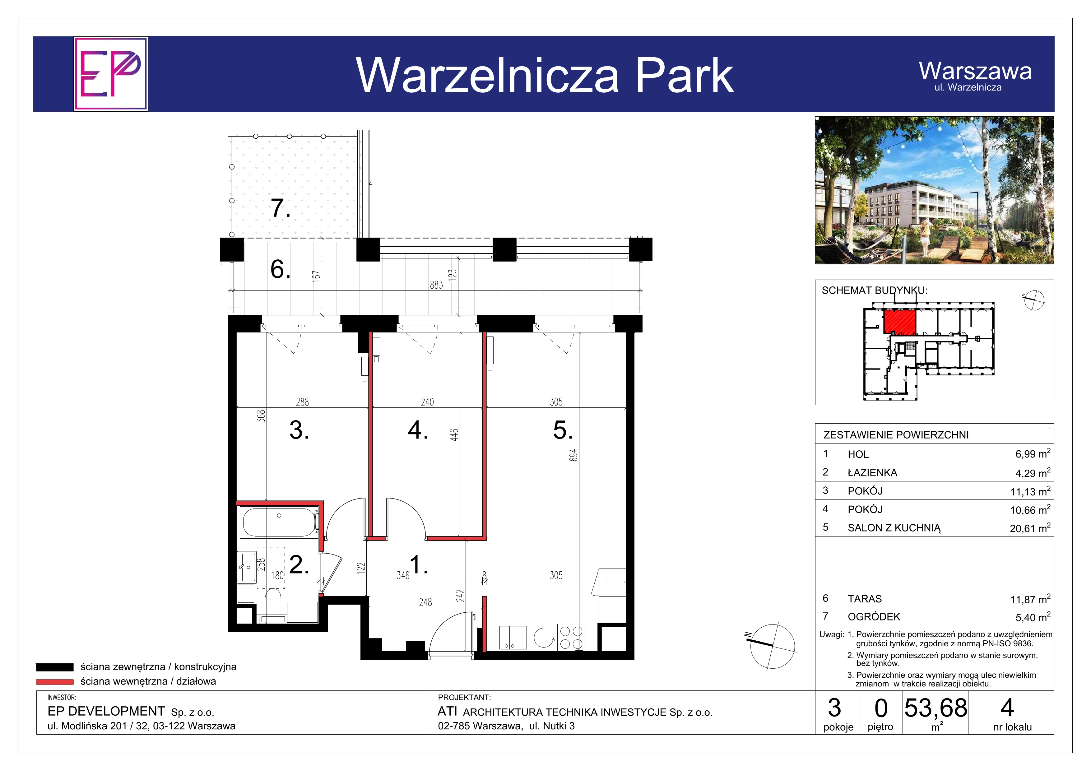3 pokoje, mieszkanie 53,68 m², parter, oferta nr WP-4, Warzelnicza Park, Warszawa, Białołęka, Brzeziny, ul. Warzelnicza