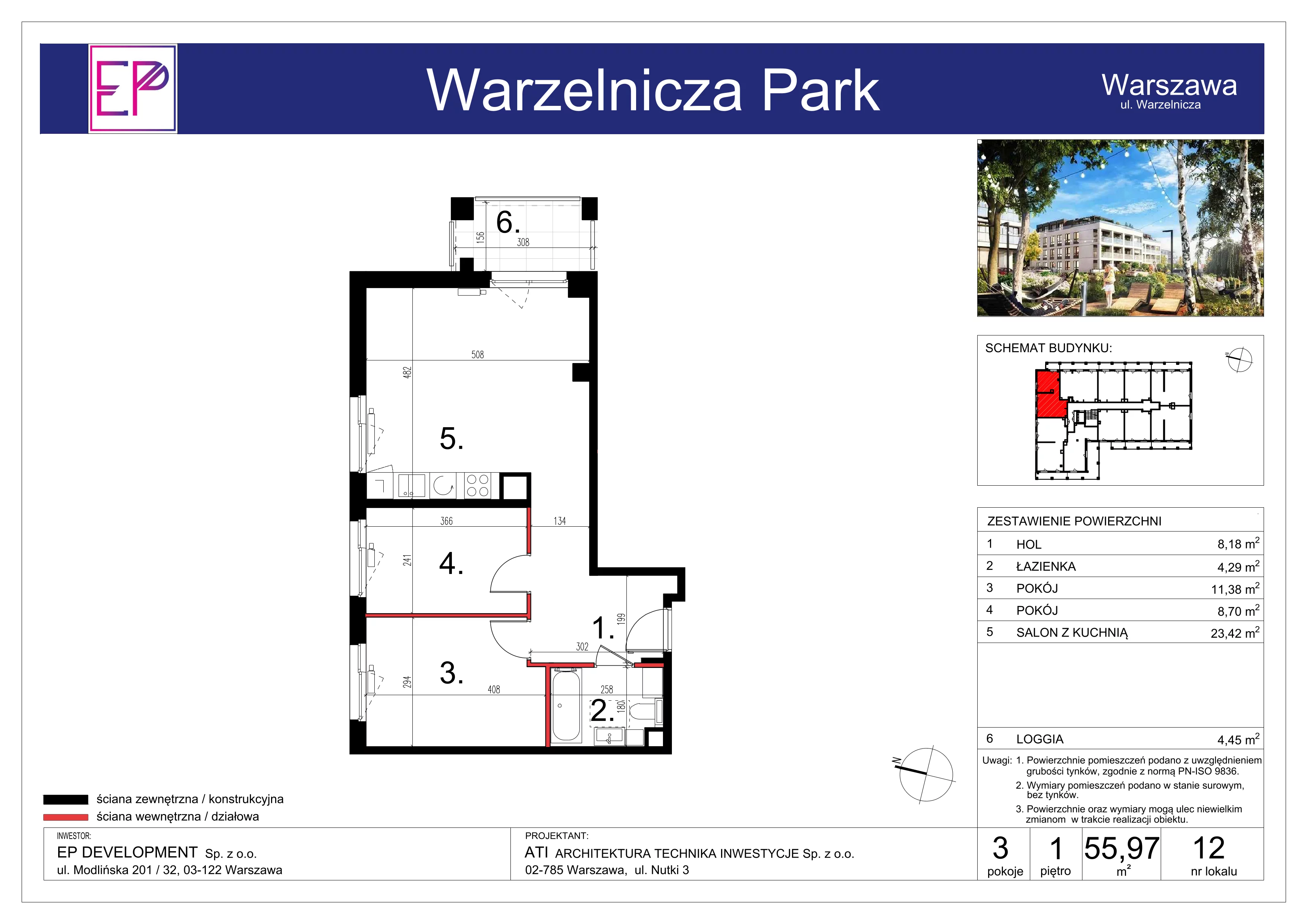 3 pokoje, mieszkanie 55,97 m², piętro 1, oferta nr WP-12, Warzelnicza Park, Warszawa, Białołęka, Brzeziny, ul. Warzelnicza