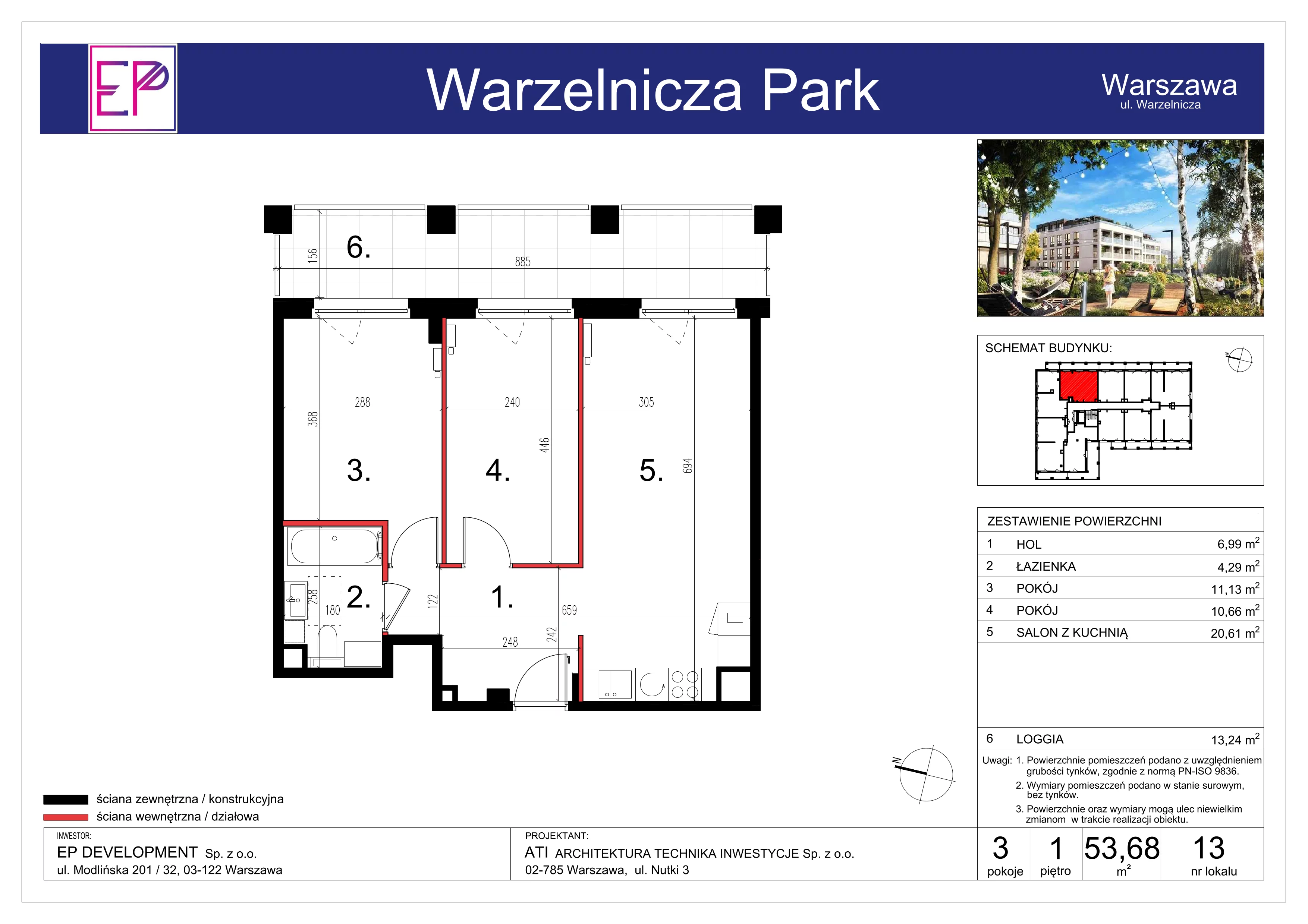 3 pokoje, mieszkanie 53,68 m², piętro 1, oferta nr WP-13, Warzelnicza Park, Warszawa, Białołęka, Brzeziny, ul. Warzelnicza